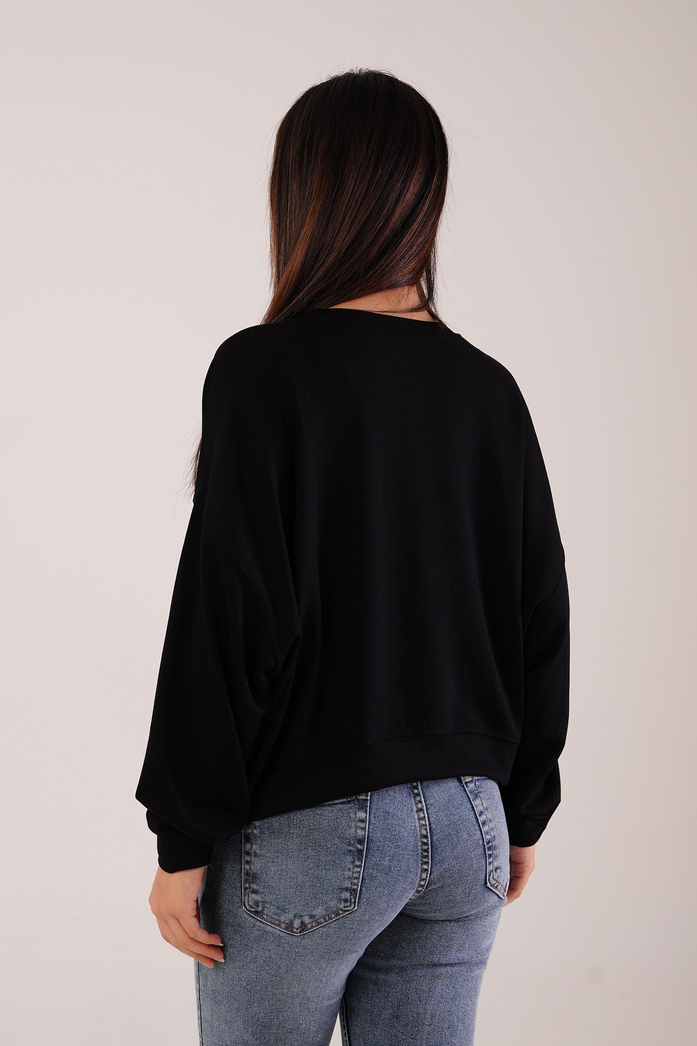 Bisiklet Yaka Basic Modal Siyah Sweatshirt
