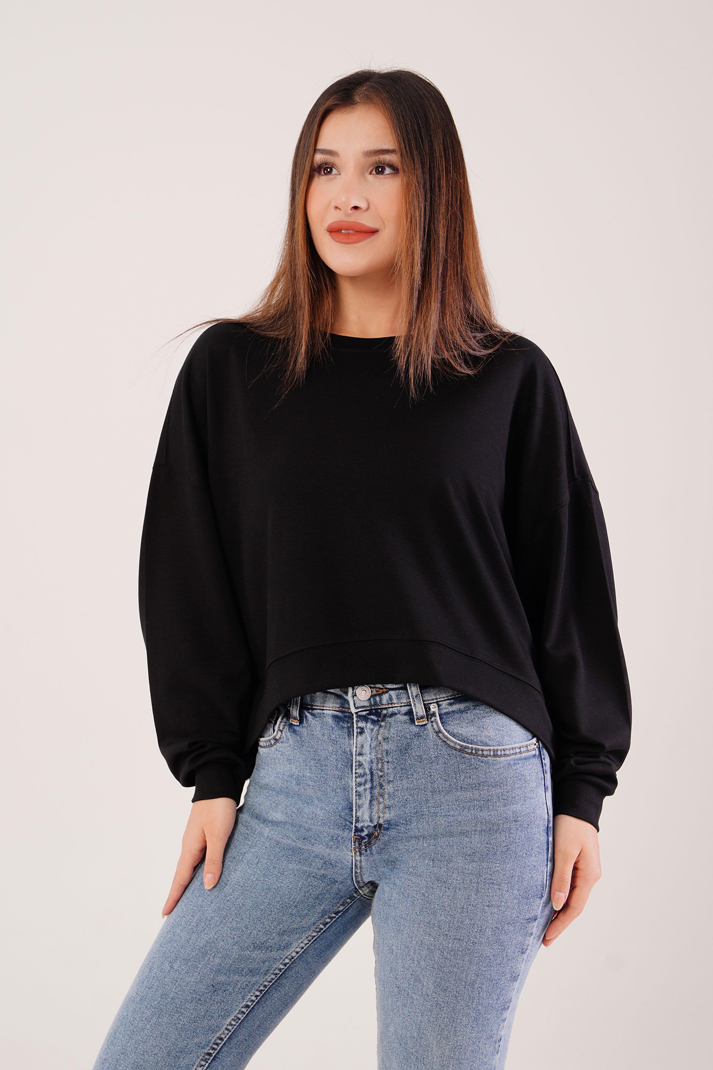 Bisiklet Yaka Basic Modal Siyah Sweatshirt