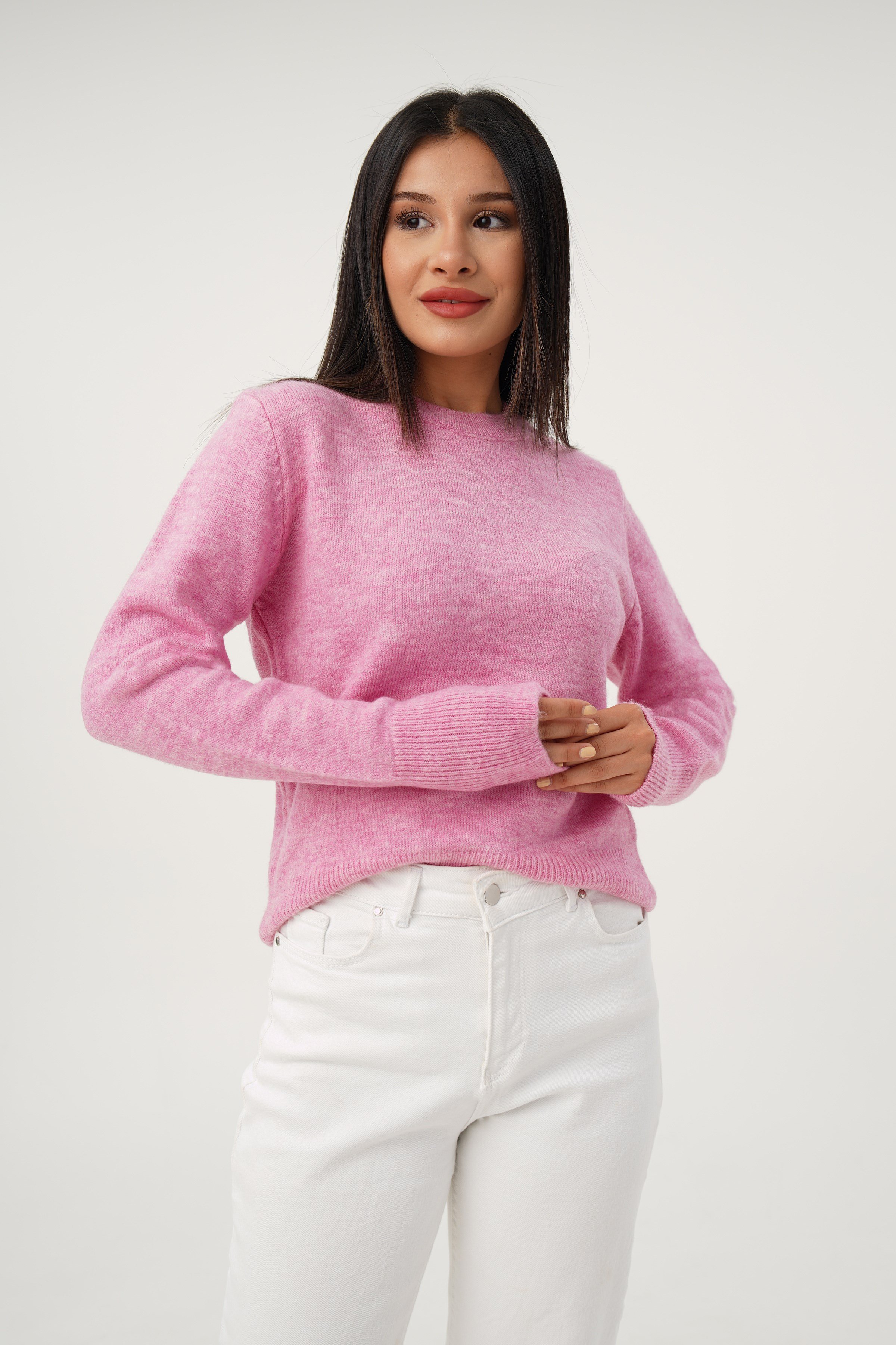 Bisiklet Yaka Düz Model Pembe Triko Kazak