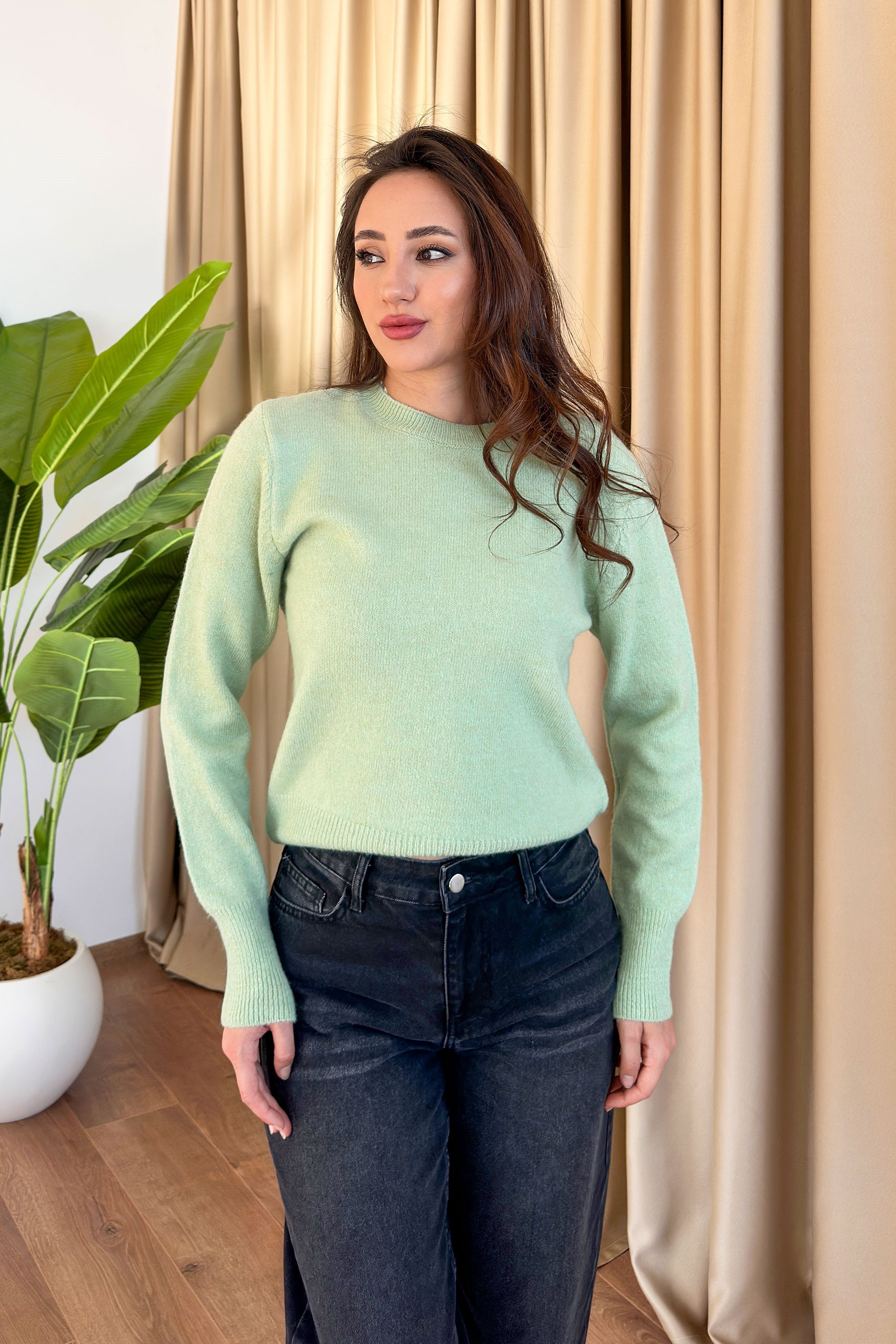 Bisiklet Yaka Düz Model Yeşil Triko Kazak