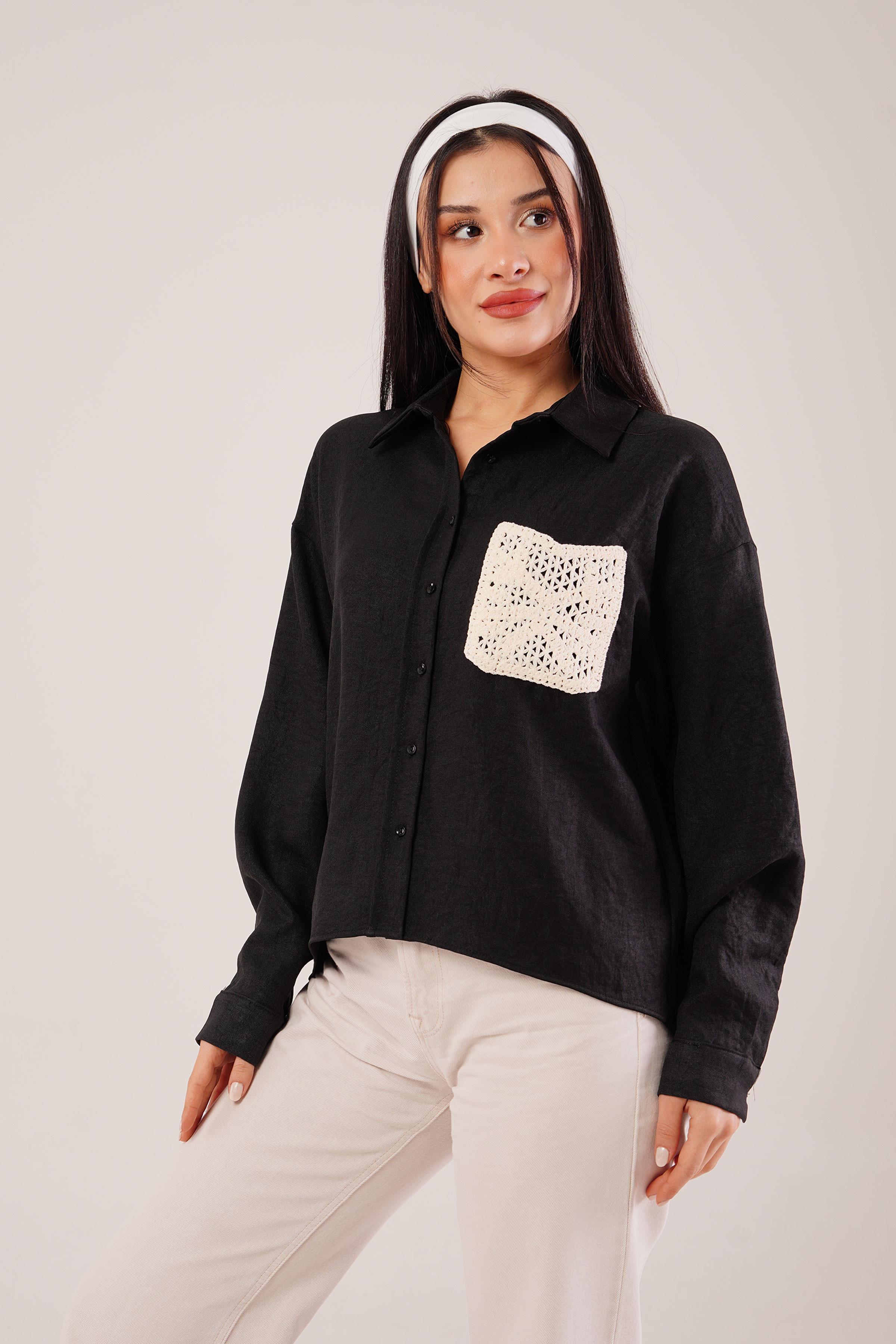 Cep Dantelli Oversize Siyah Gömlek