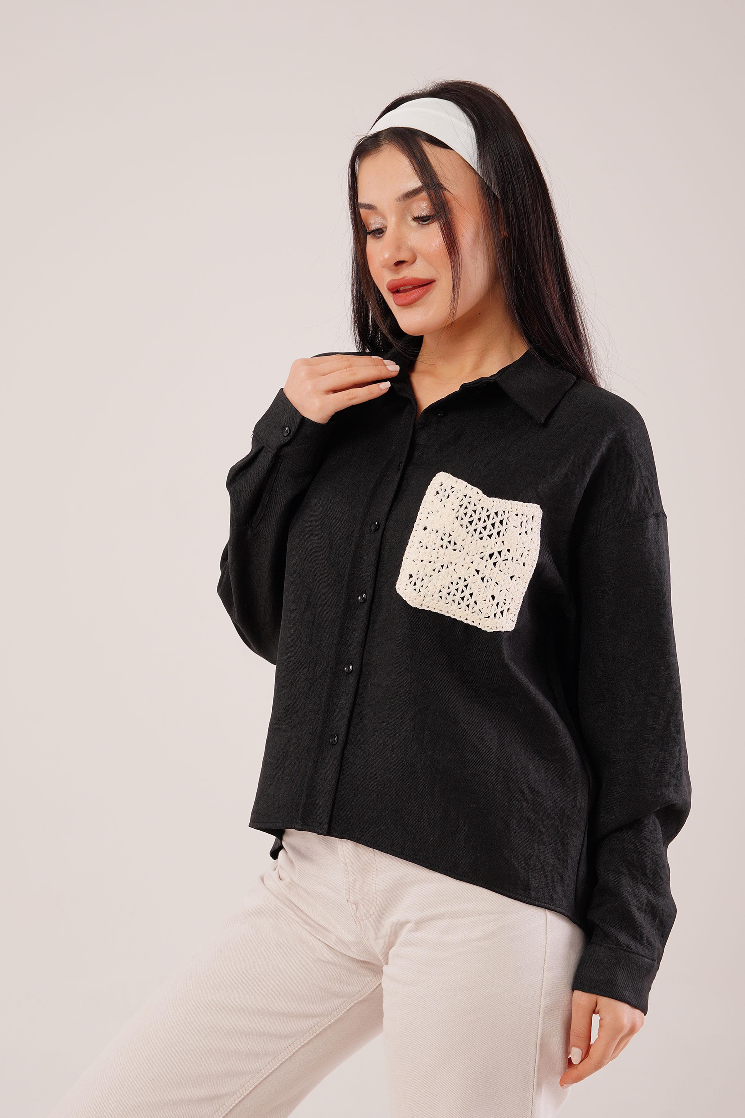 Cep Dantelli Oversize Siyah Gömlek