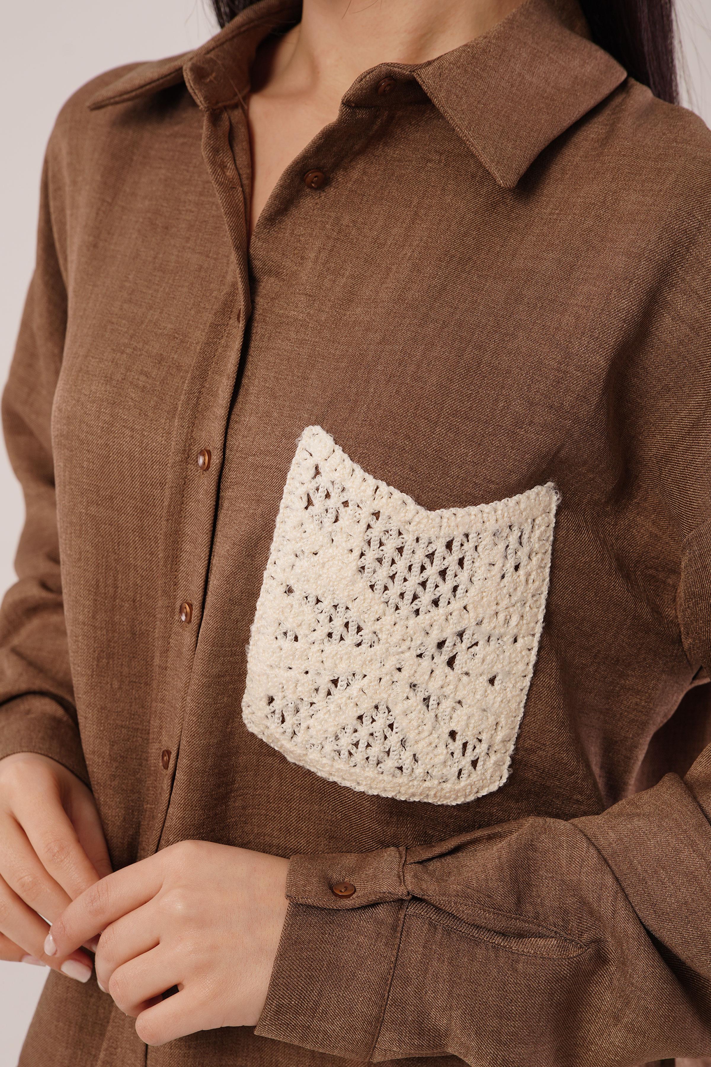 Cep Dantelli Oversize Taba Gömlek