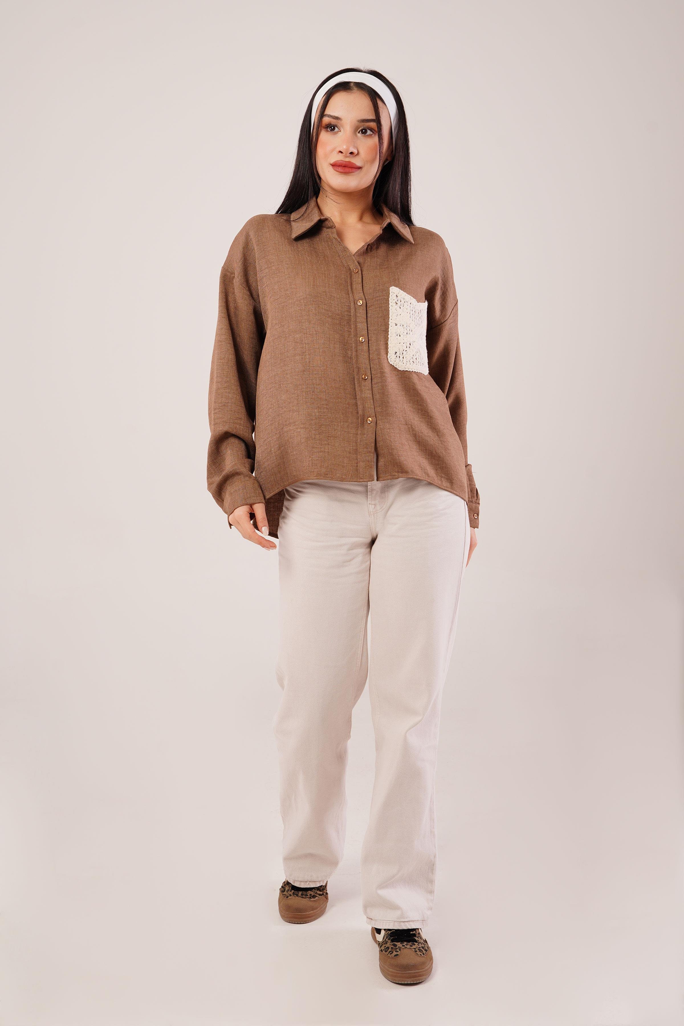 Cep Dantelli Oversize Taba Gömlek