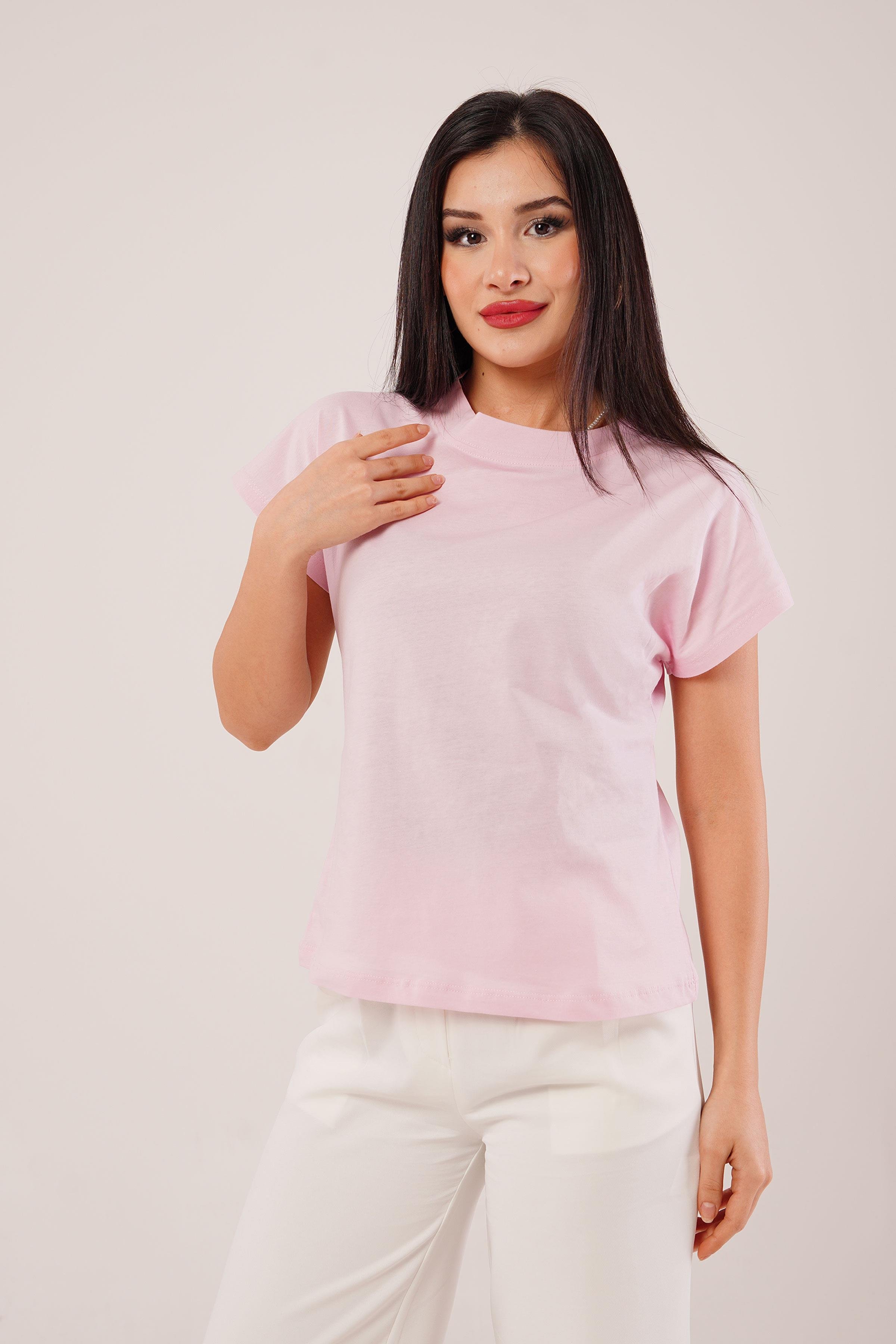Dik Yaka Kısa Kol Pembe Basic Tişört