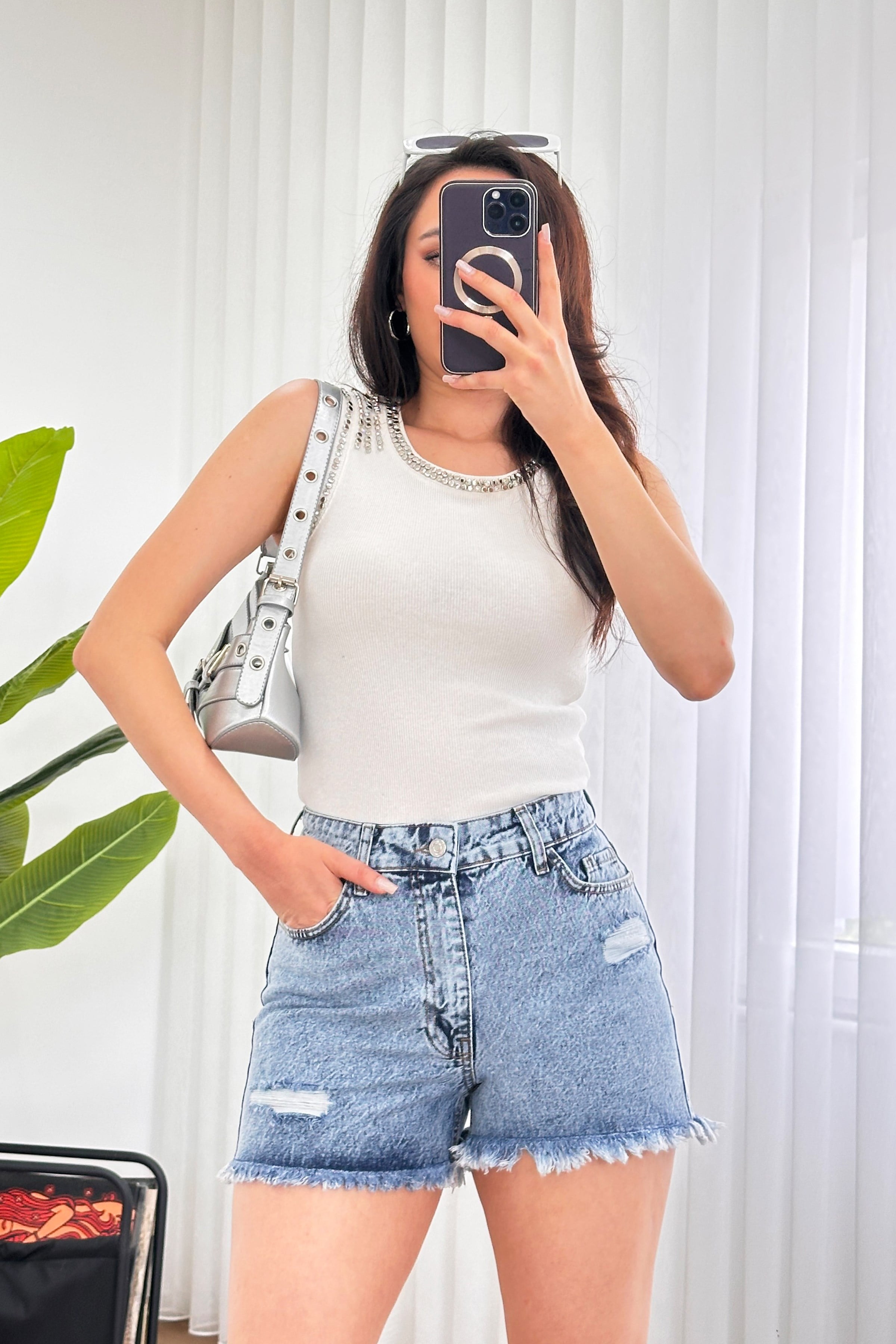 Distressed Denim Yüksek Bel Kot Jean Şort