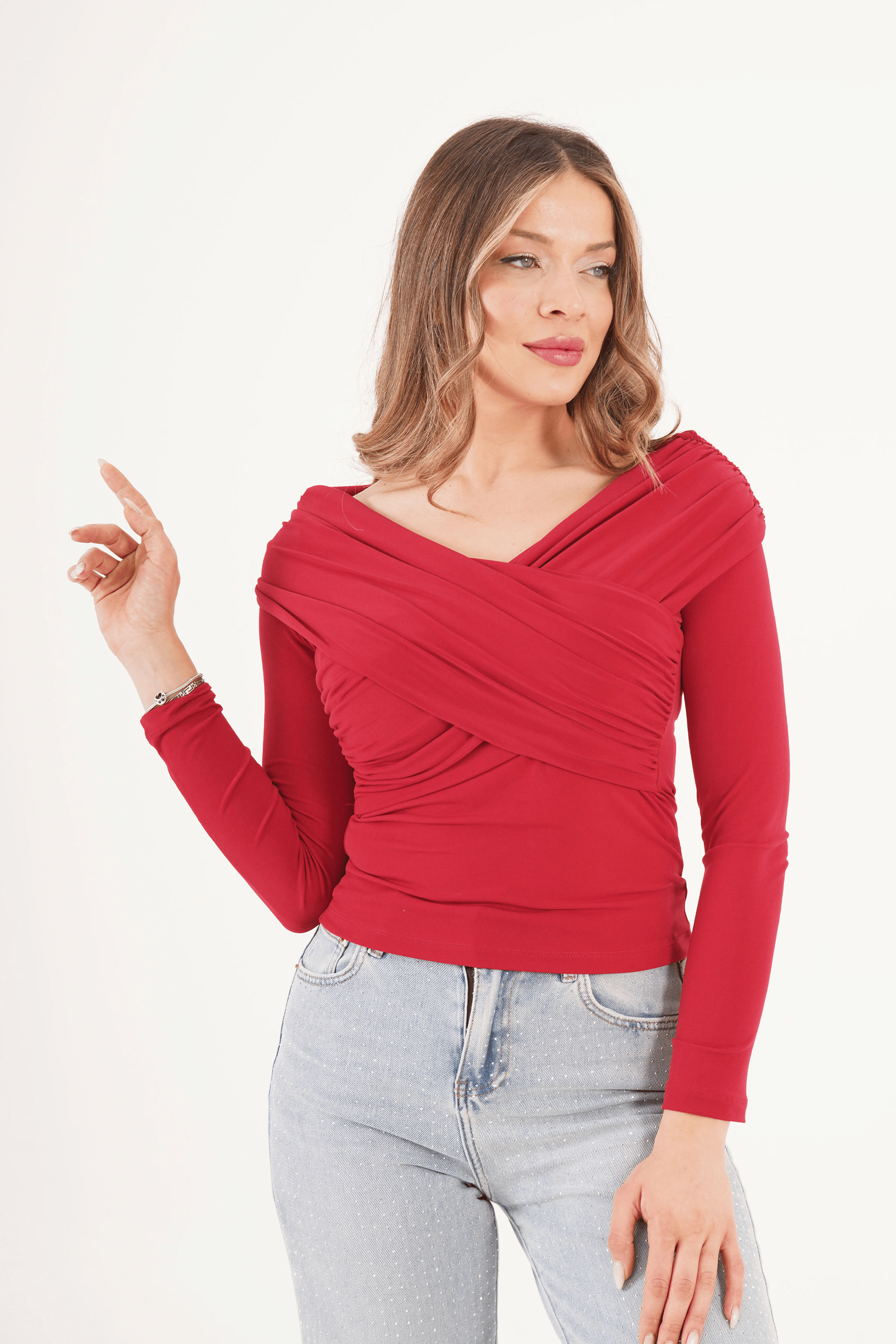 Drapeli Çapraz Model Sandy Kırmızı Bluz