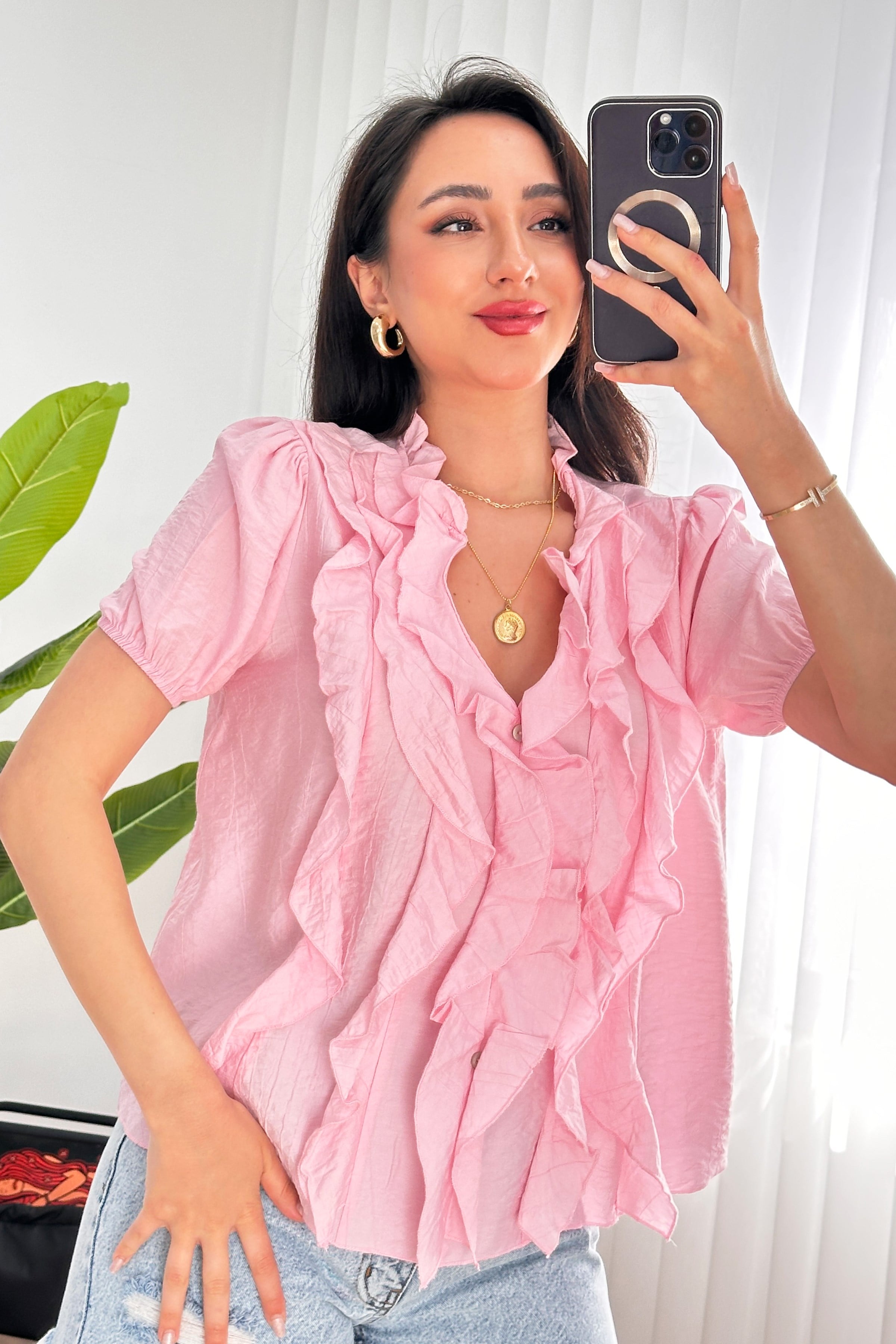 Fırfırlı Detaylı Kısa Kol Pembe Bluz