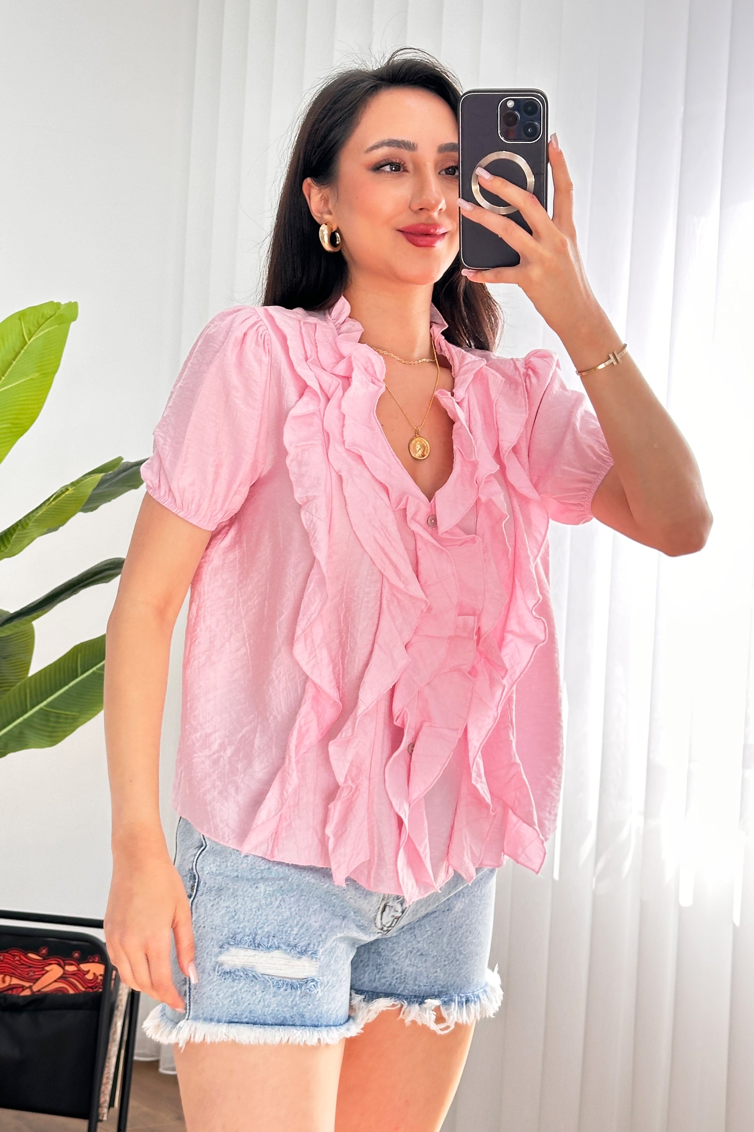 Fırfırlı Detaylı Kısa Kol Pembe Bluz