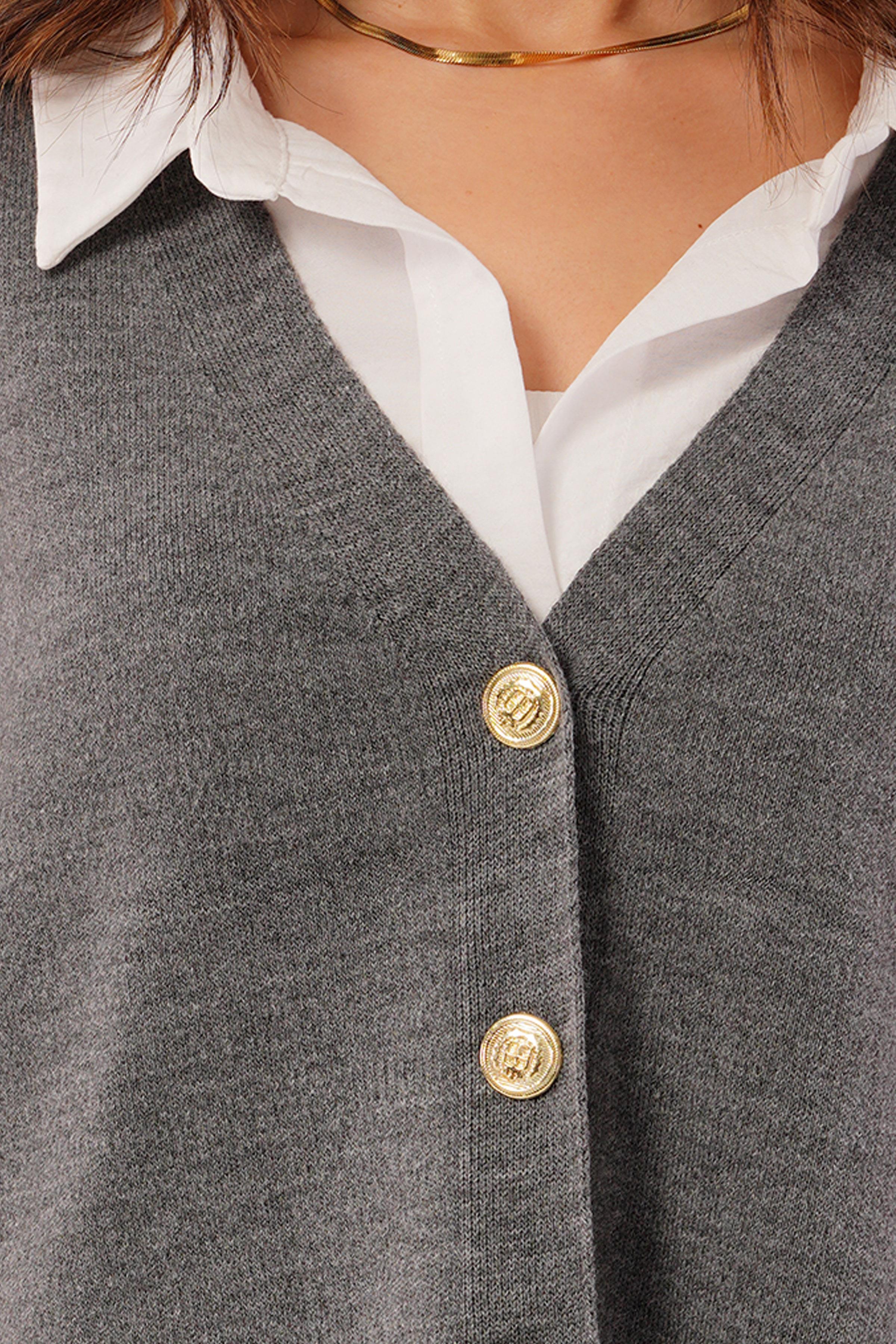 Gold Düğmeli V Yaka Basic Antrasit Triko Hırka