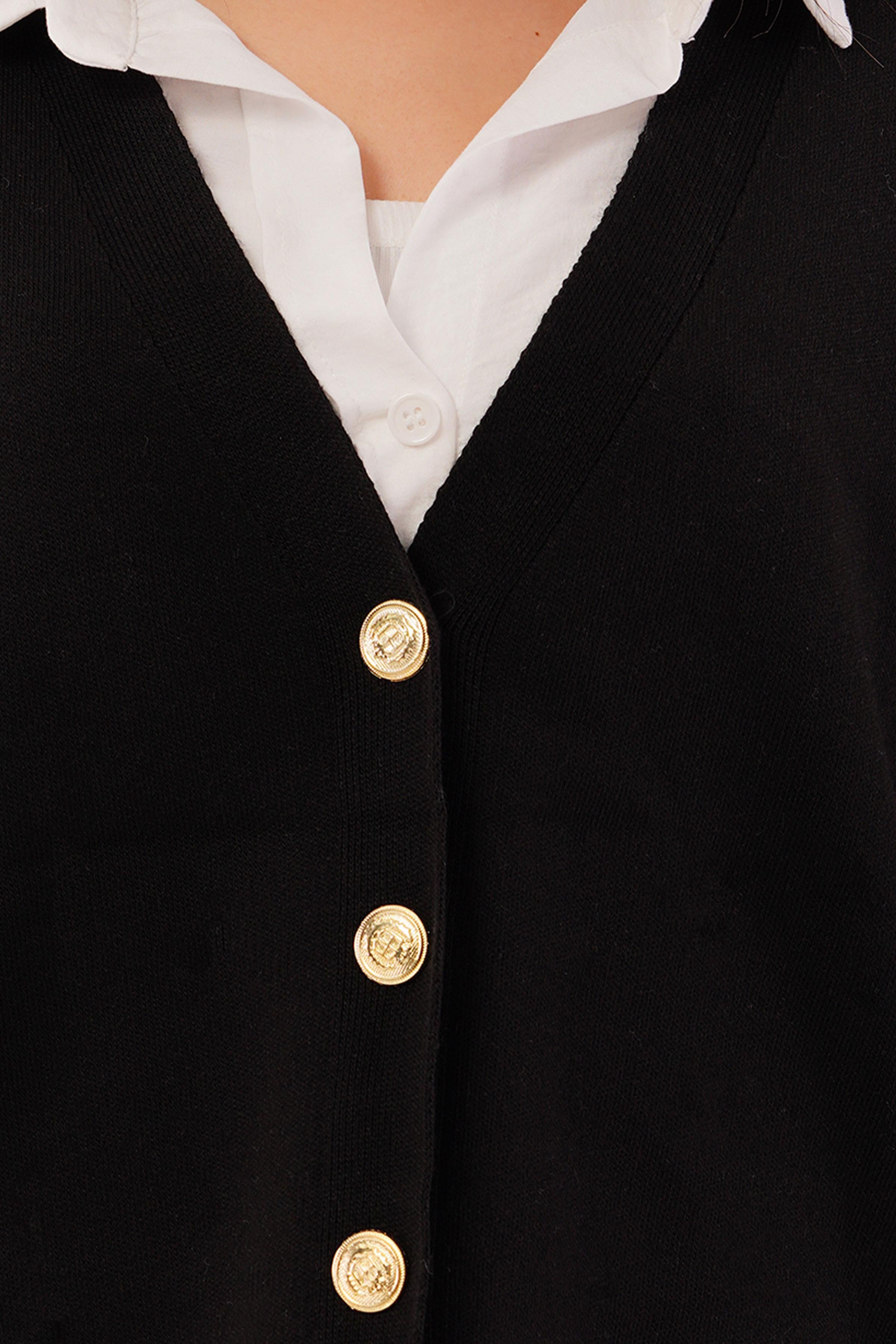 Gold Düğmeli V Yaka Basic Siyah Triko Hırka