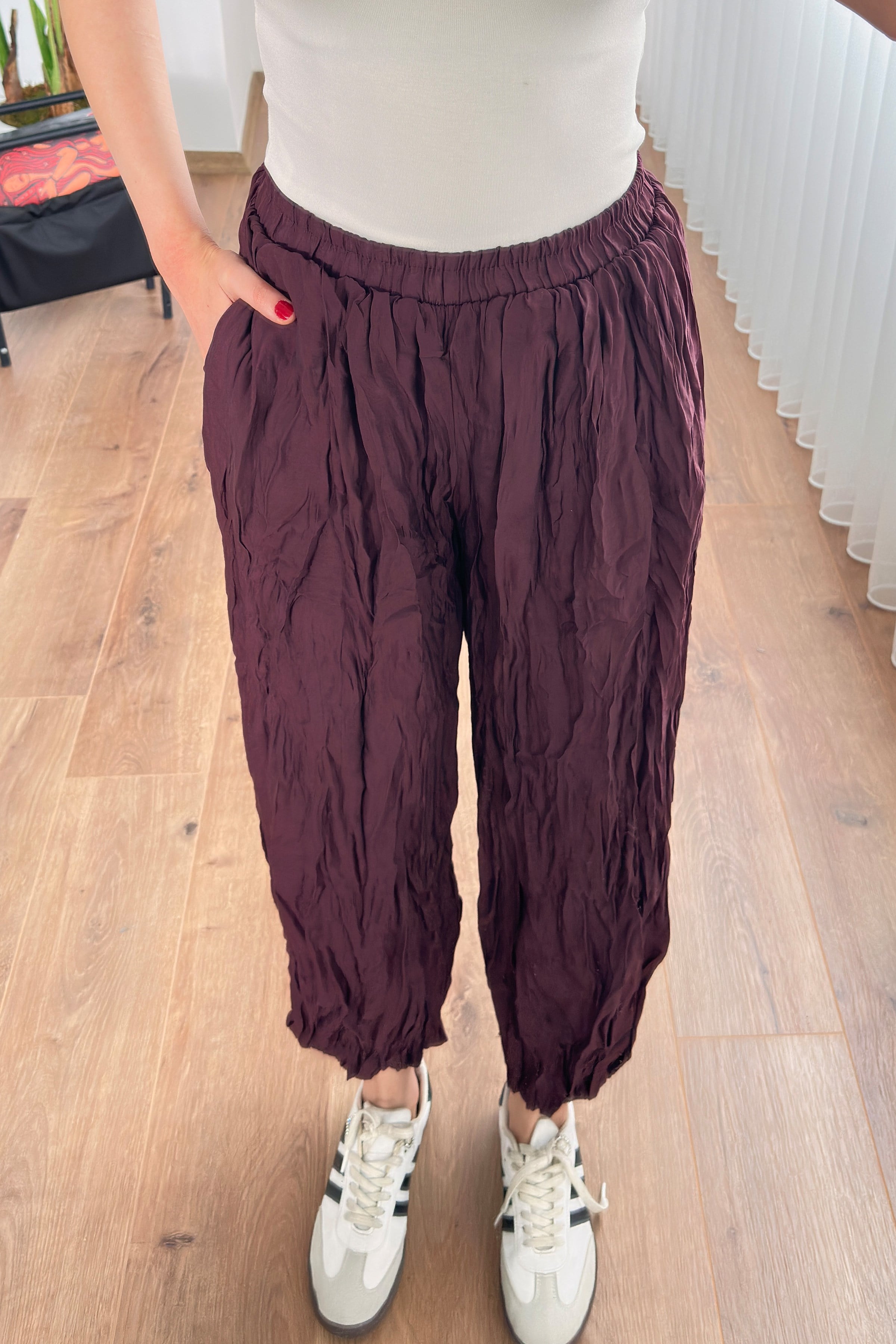 Kırışık Kumaş Balon Mürdüm Şalvar Pantolon