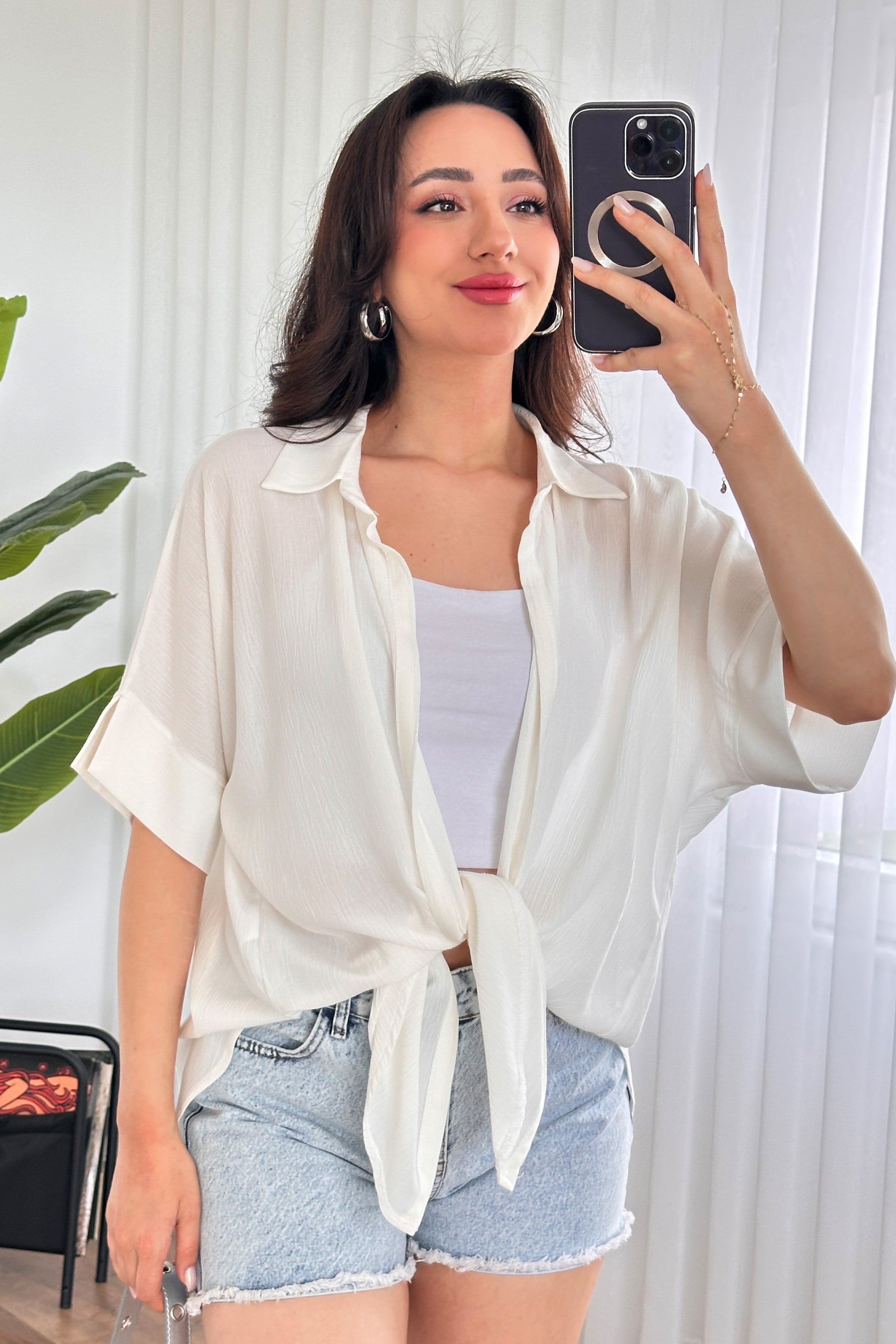 Kısa Kol Krinkıl Basic Kimono Ekru Bluz