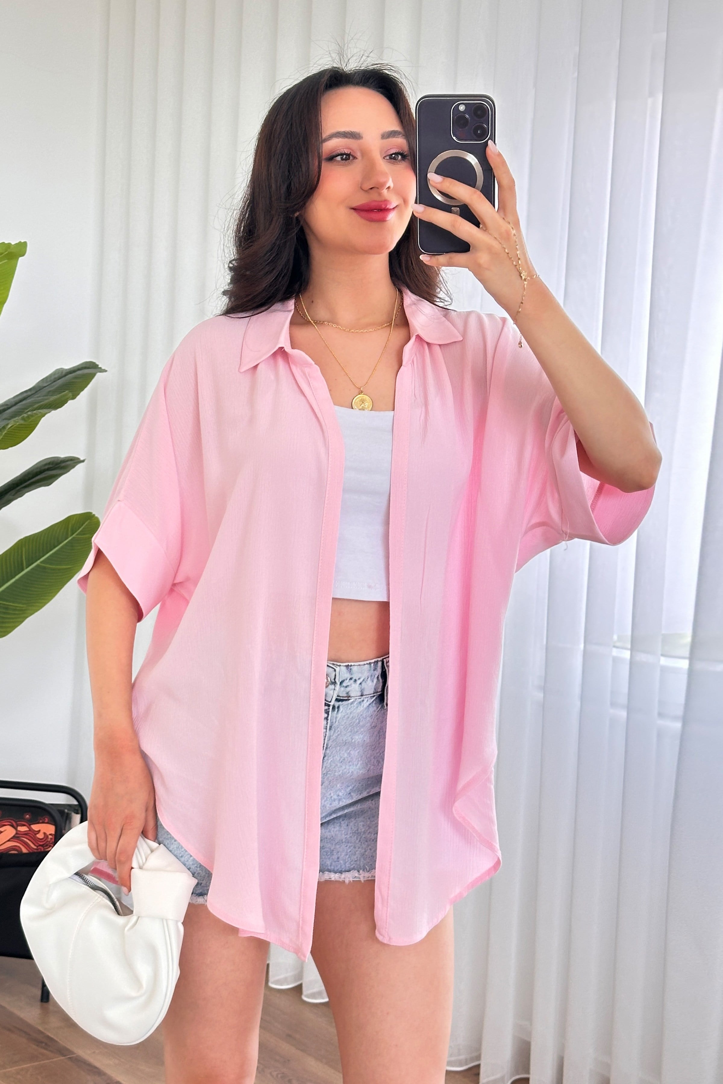 Kısa Kol Krinkıl Basic Kimono Pembe Bluz