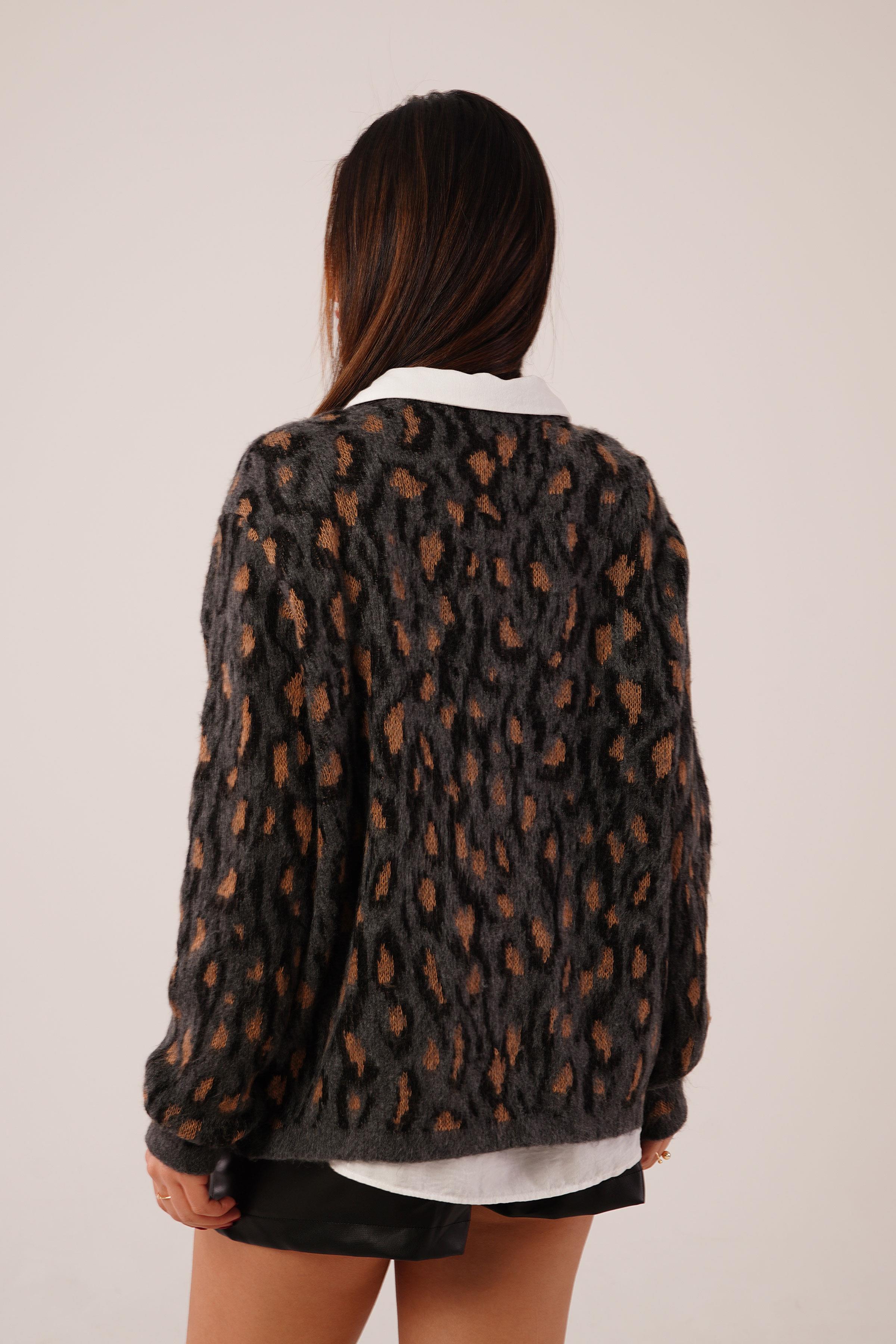 Leopar Desen Düğmeli Camel Triko Hırka