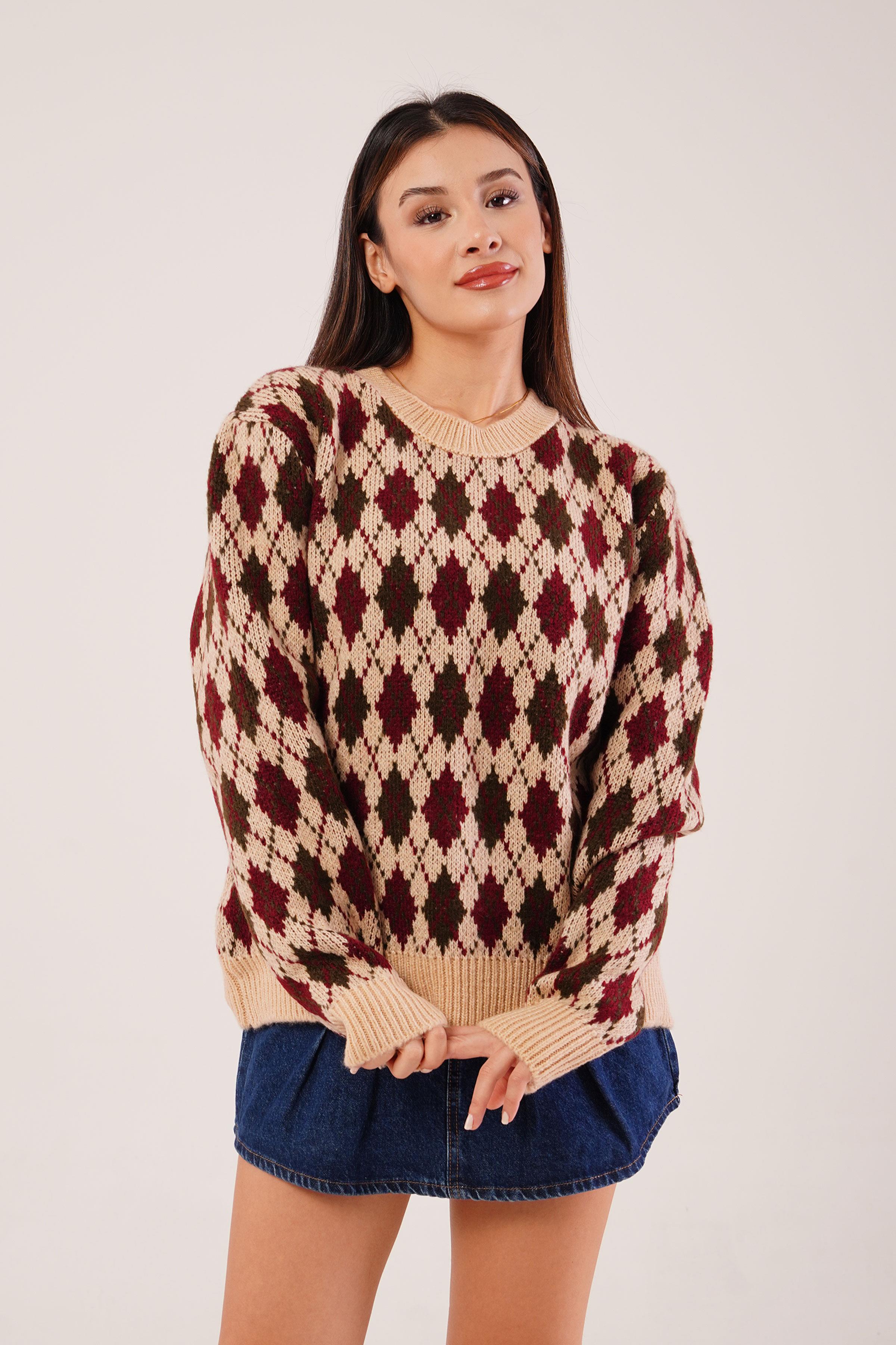 Mini Baklava Desenli Bej Triko Kazak