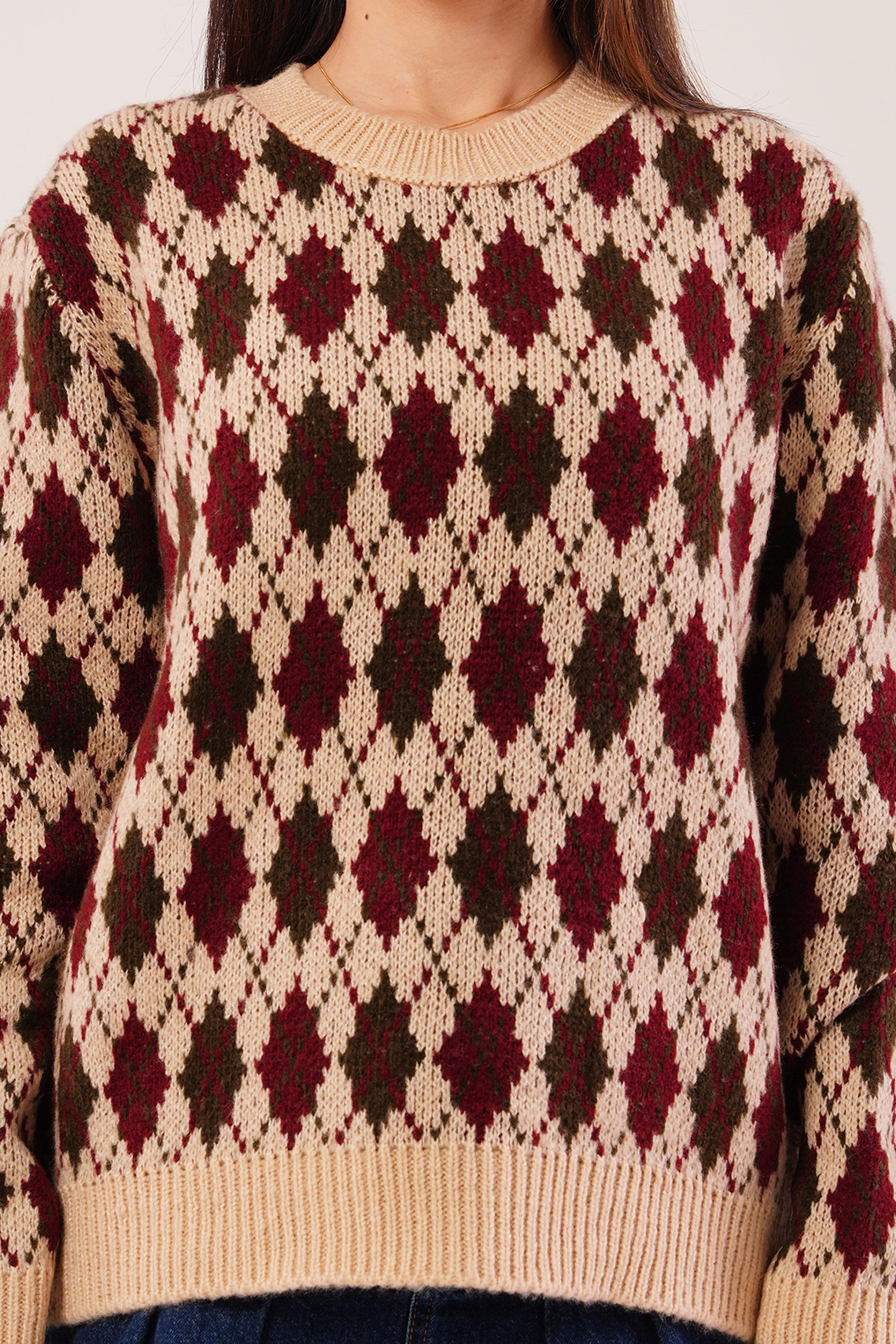 Mini Baklava Desenli Bej Triko Kazak