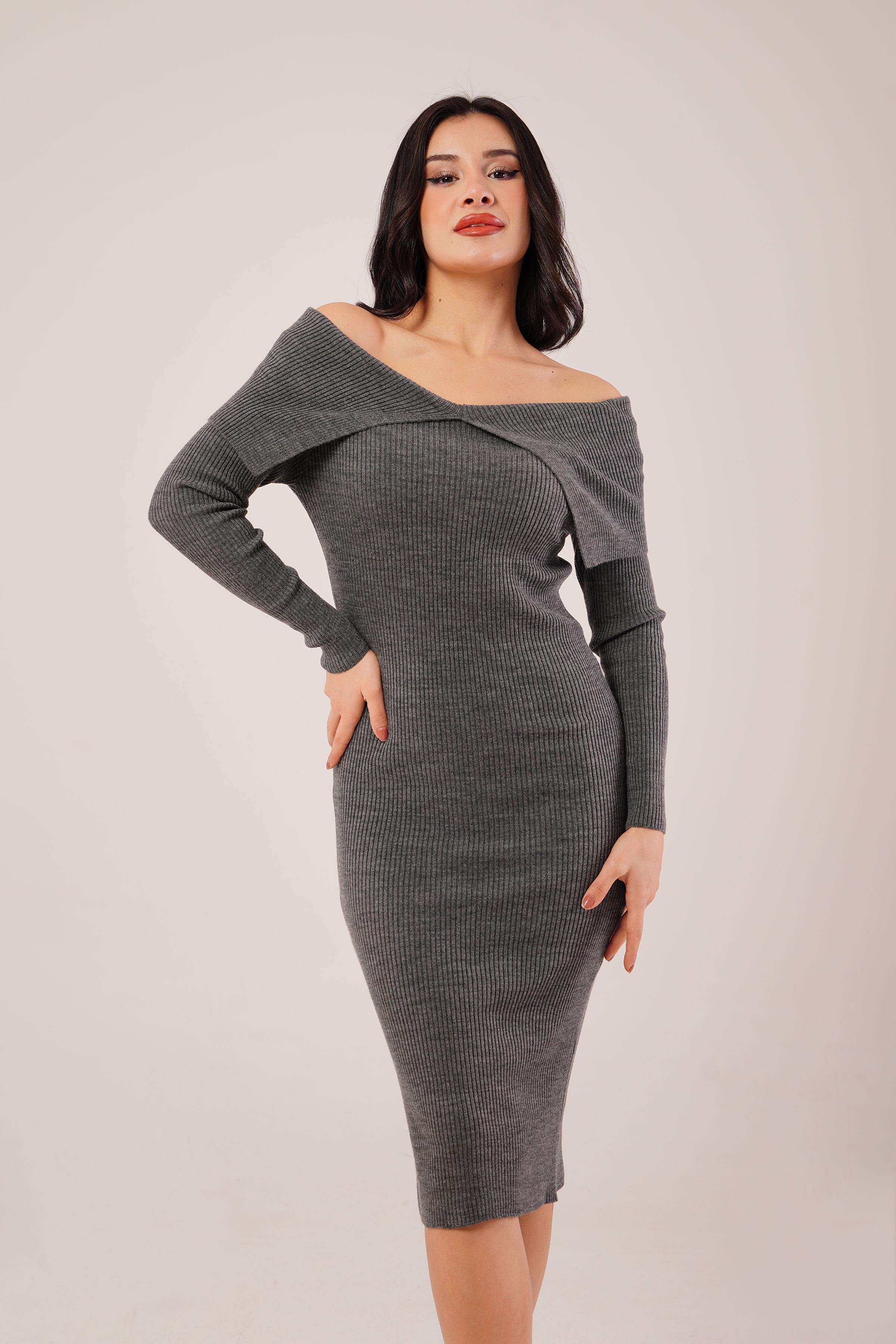 Omuz Dekolteli Midi Antrasit Triko Elbise