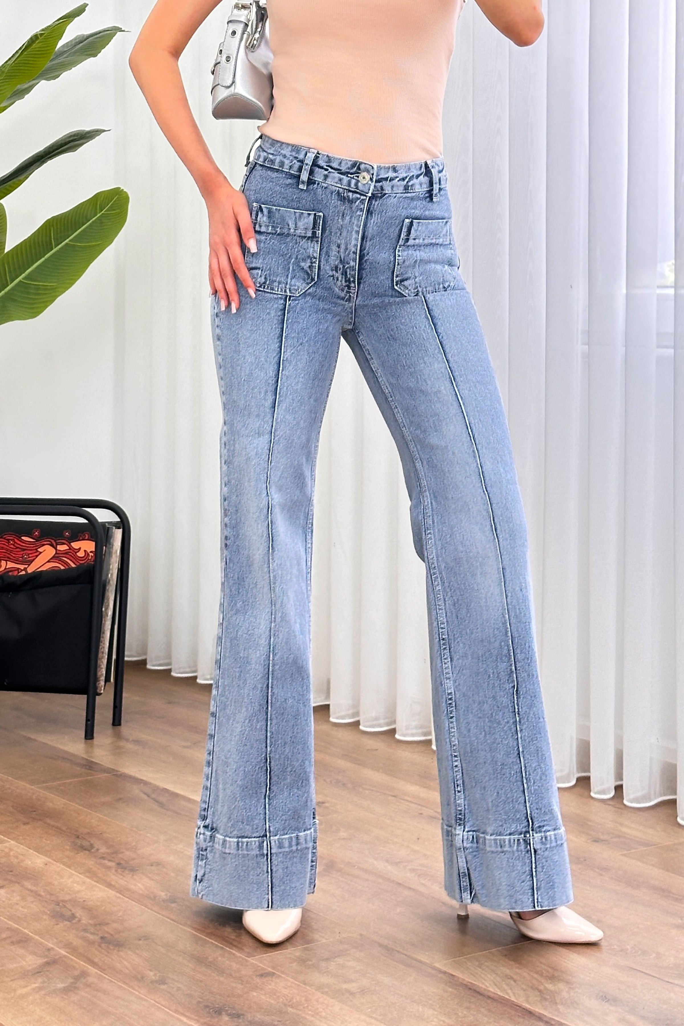 Ön Cepli Dikiş Detay Mega Paça Kot Mavi Jean