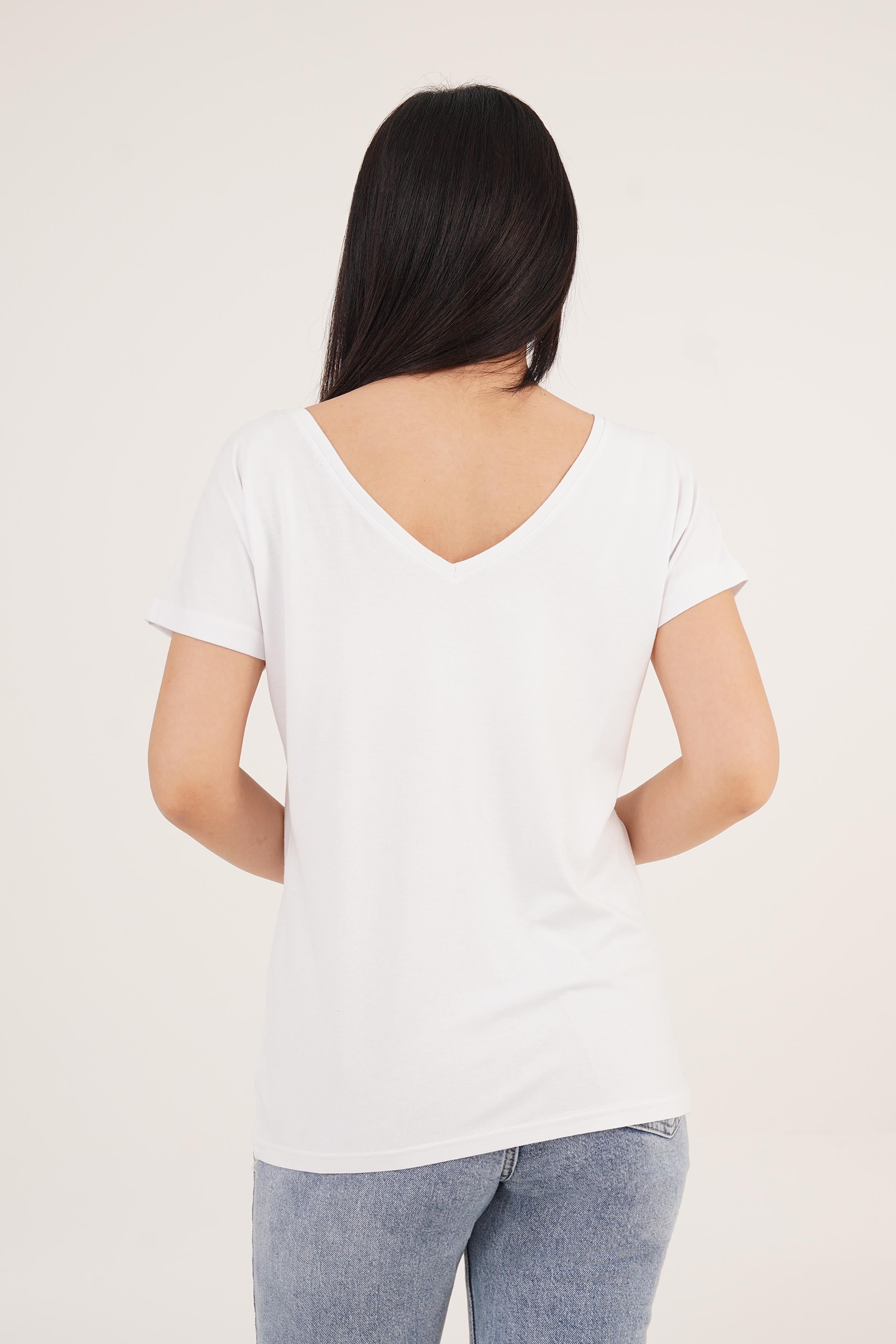 Ön ve Arka V Yaka Basic Beyaz Tişört