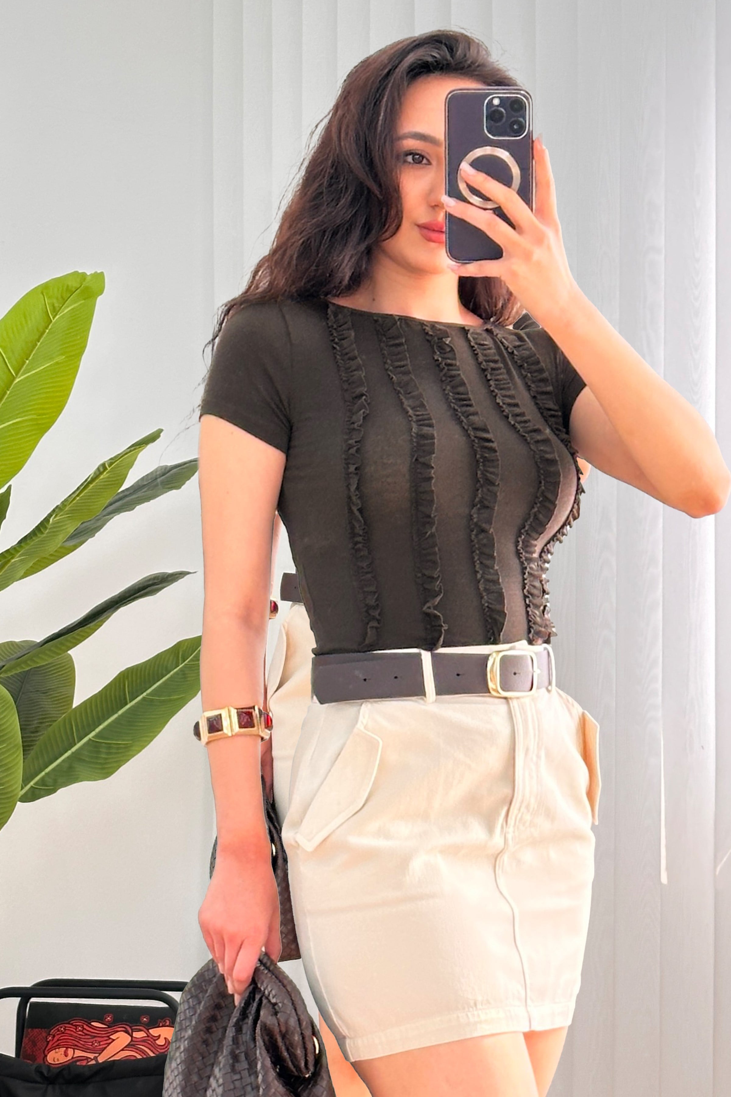 Önü Fırfır Şerit Basic Trend Kahve Bluz