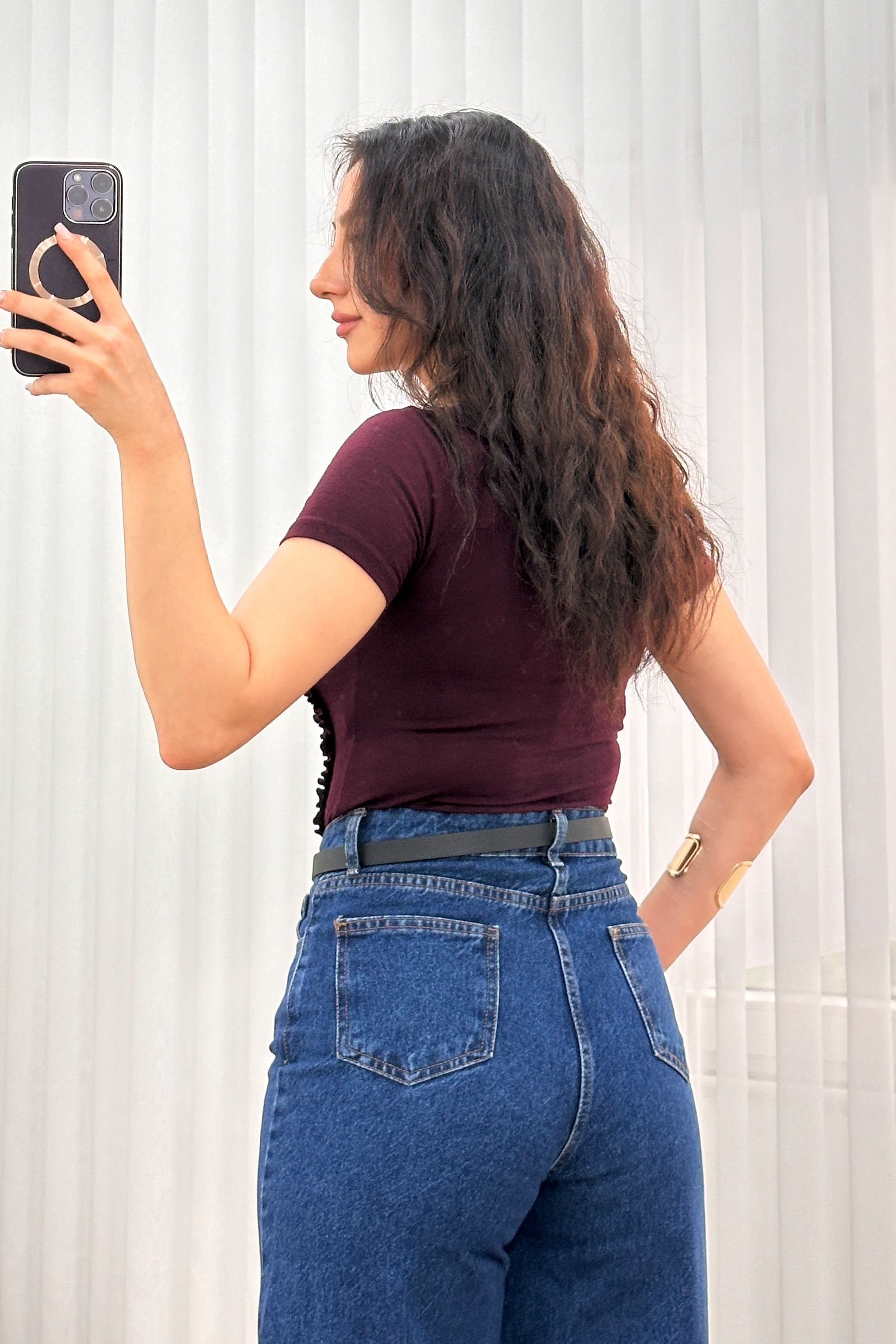 Önü Fırfır Şerit Basic Trend Mürdüm Bluz