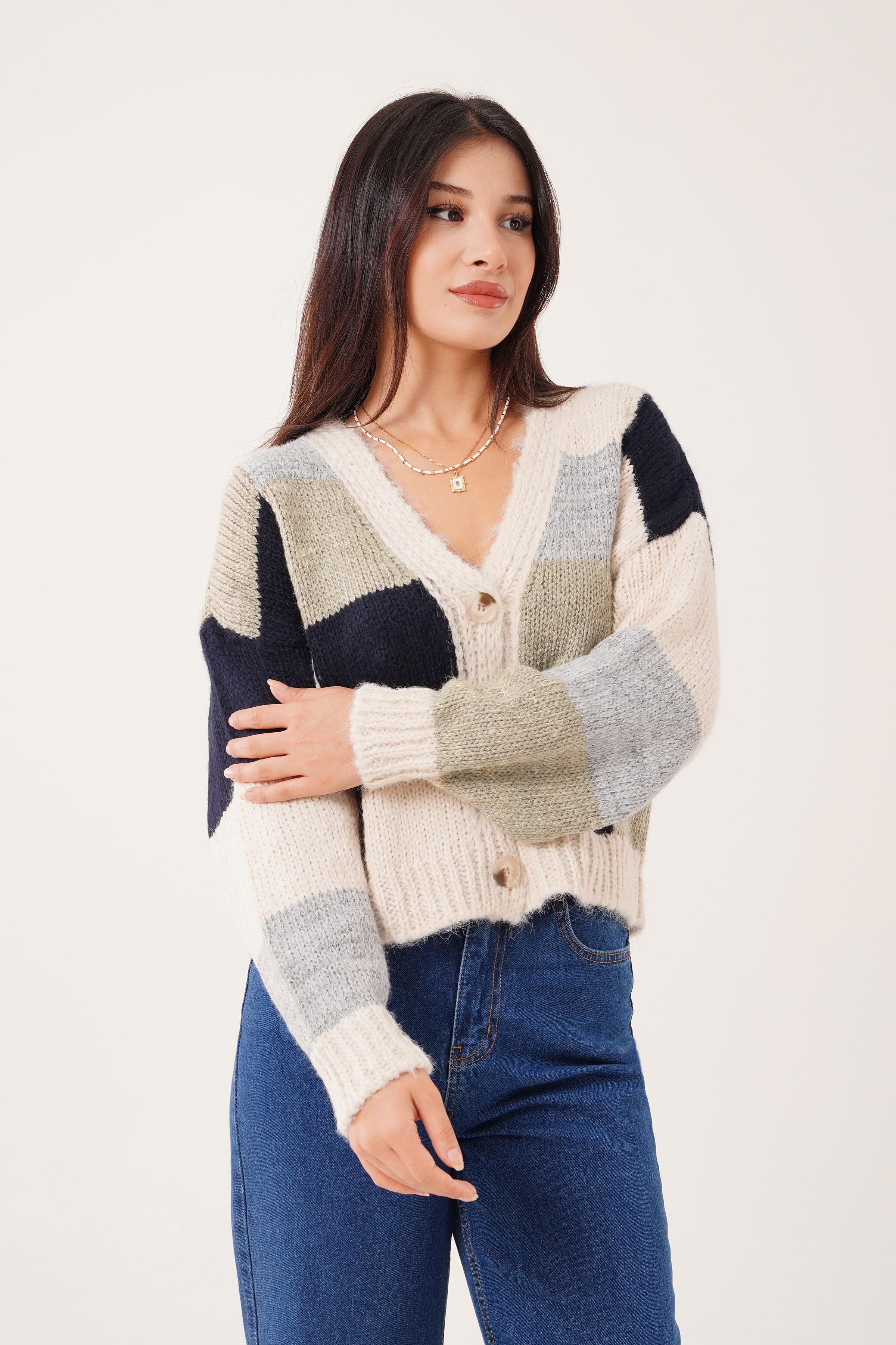 Patchwork Model Renkli Triko Kazak