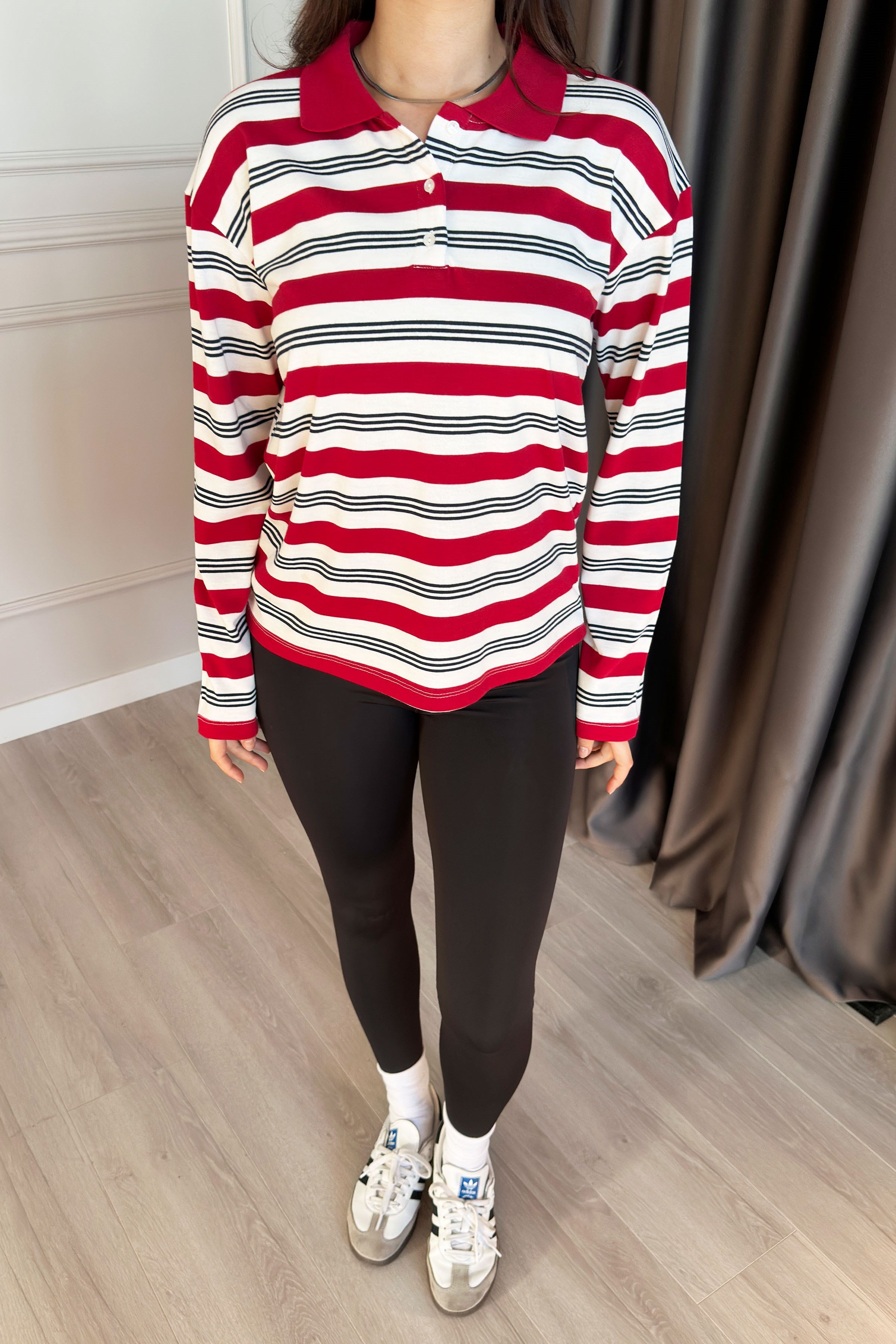 Polo Yaka Loose Fit Kırmızı Çizgili Sweatshirt