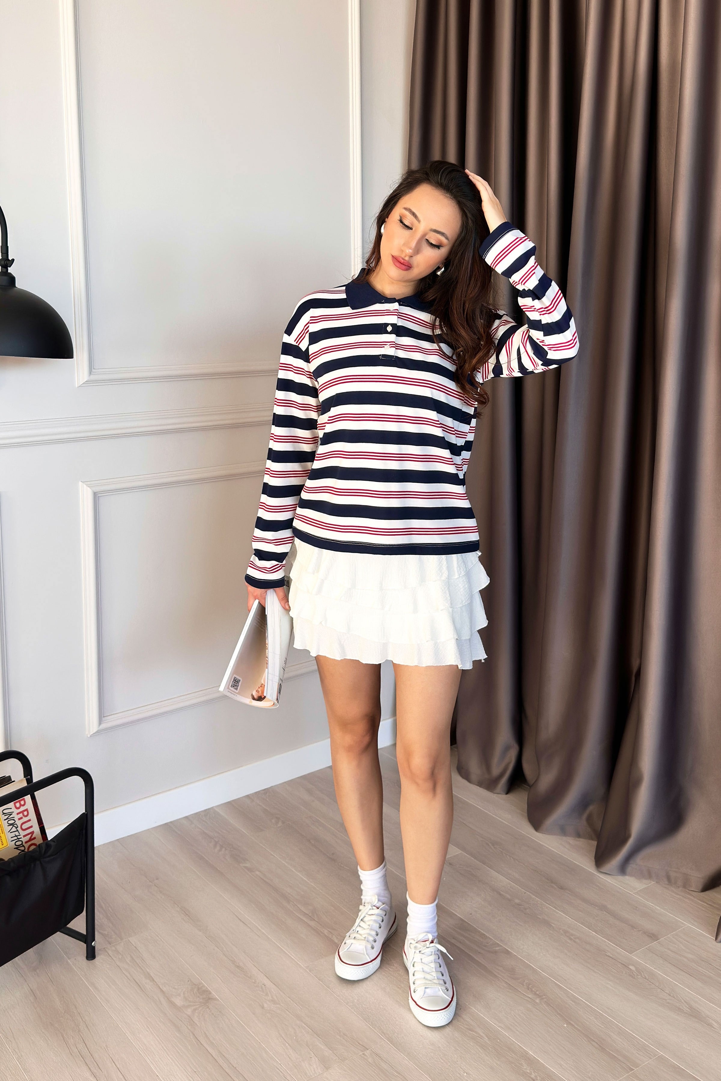 Polo Yaka Loose Fit Lacivert Çizgili Sweatshirt