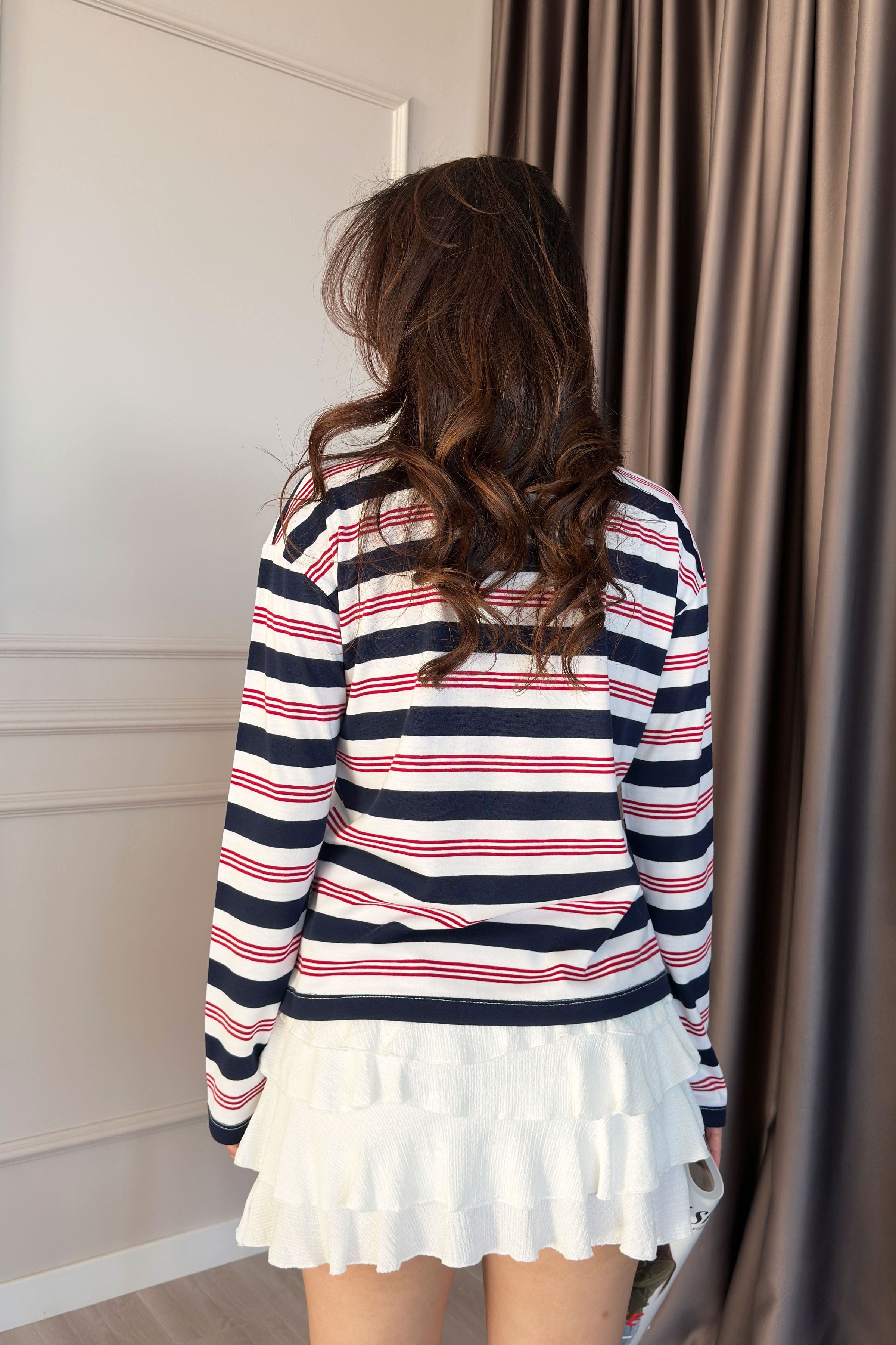 Polo Yaka Loose Fit Lacivert Çizgili Sweatshirt