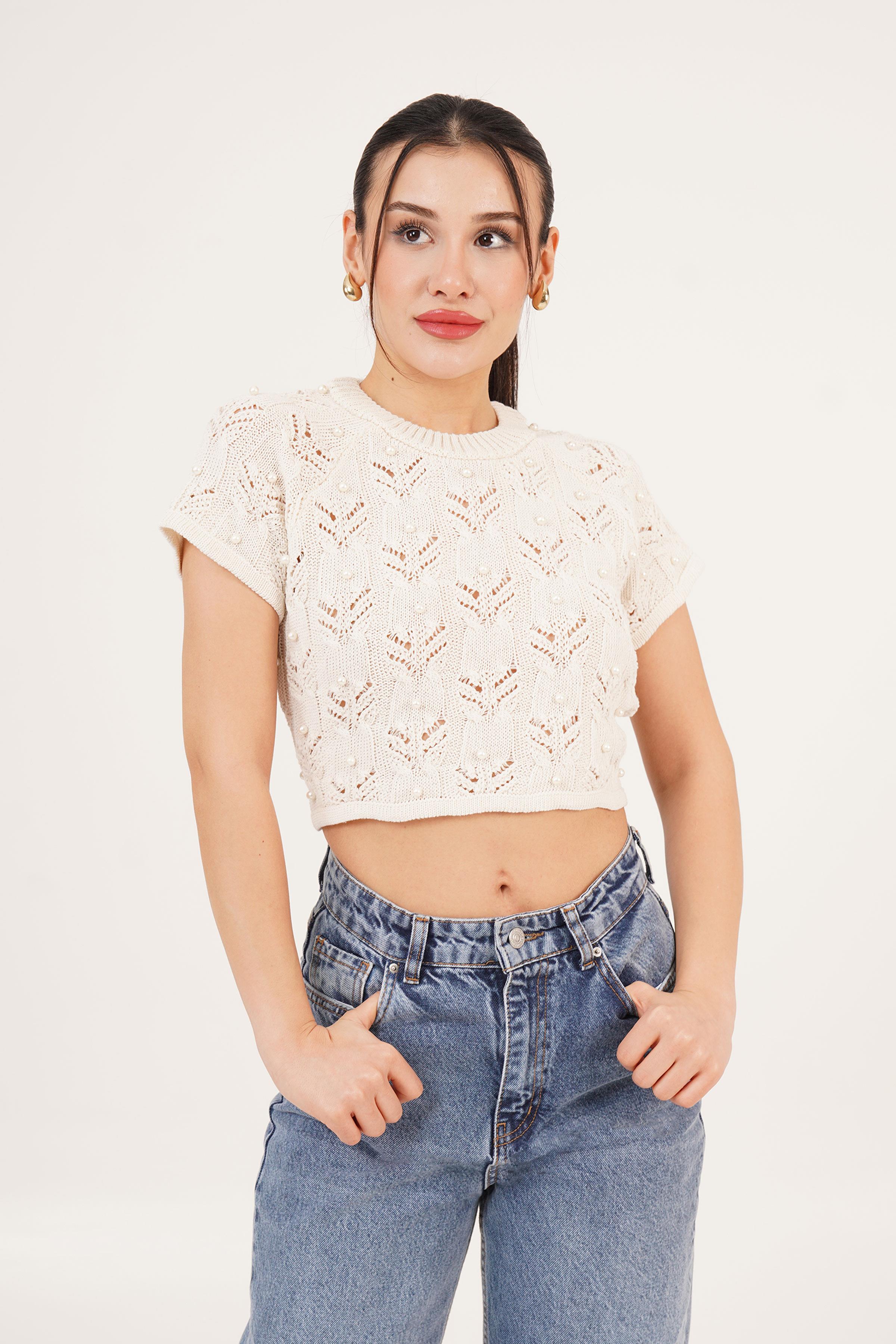 Sırt Dekolteli Taşlı Bej Örme Bluz