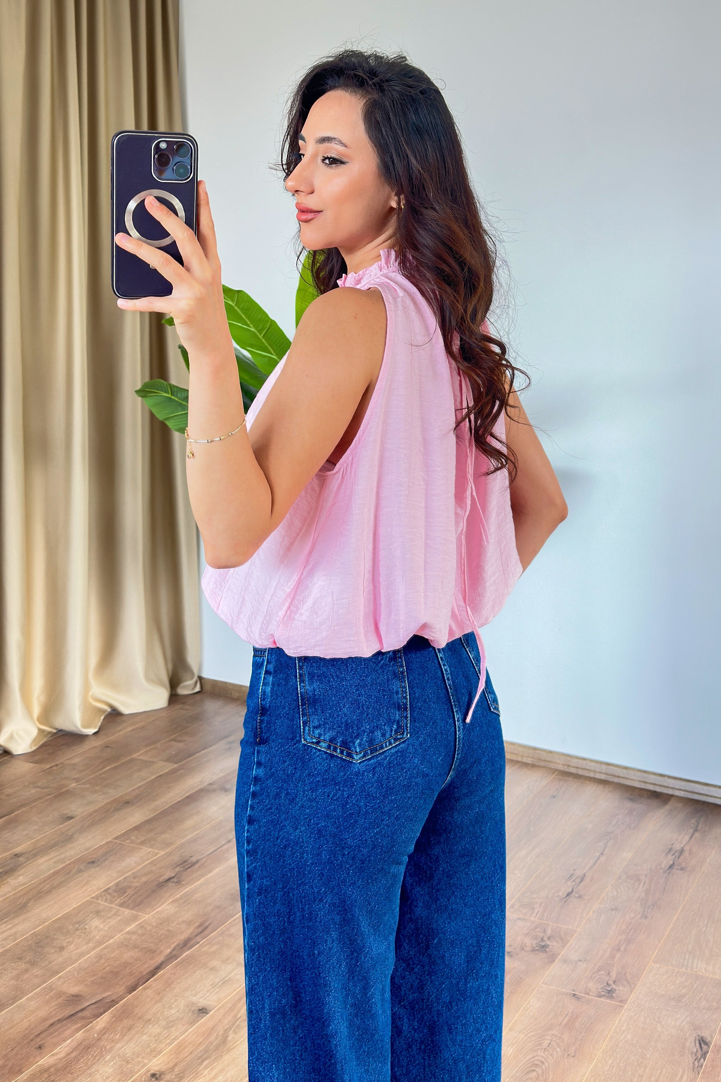 Yakası Boncuklu Balon Model Pembe Bluz