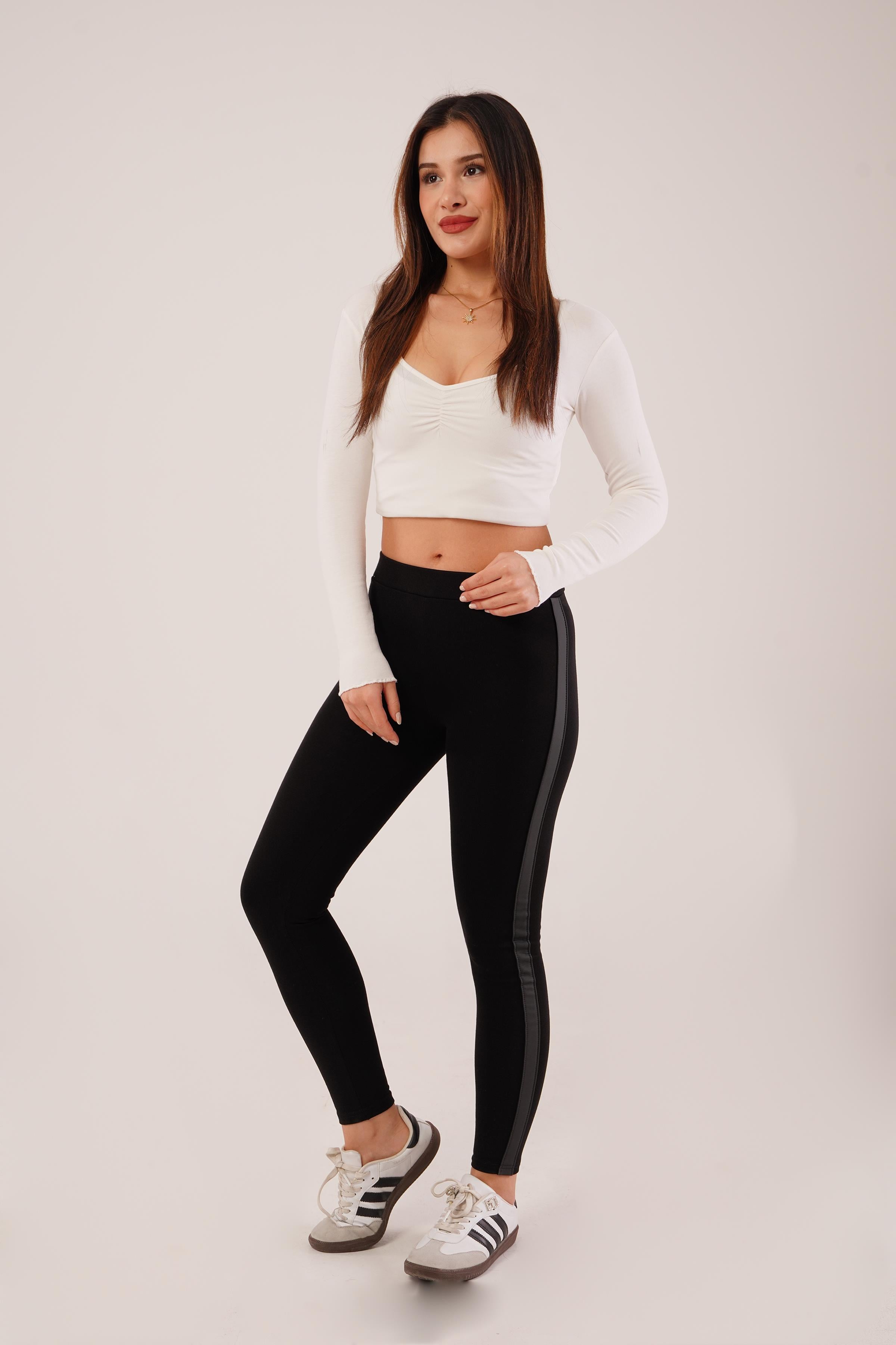 Yan Mat Deri Şeritli Siyah Çelik Örme Tayt