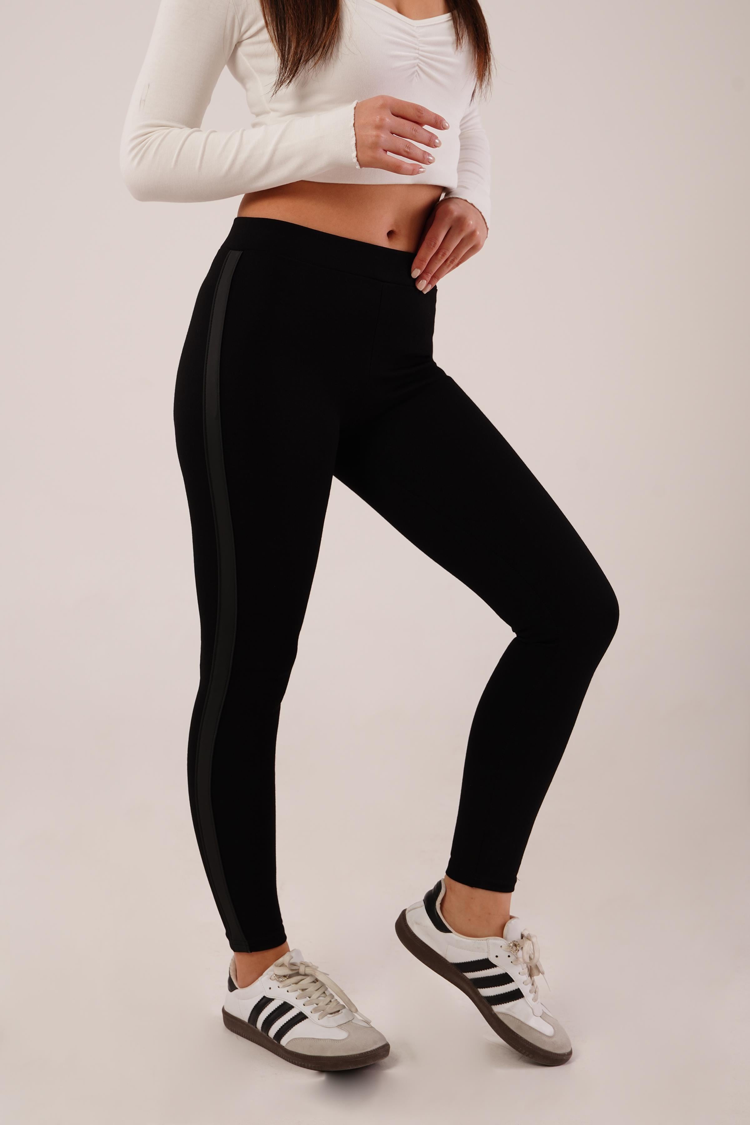 Yan Mat Deri Şeritli Siyah Çelik Örme Tayt