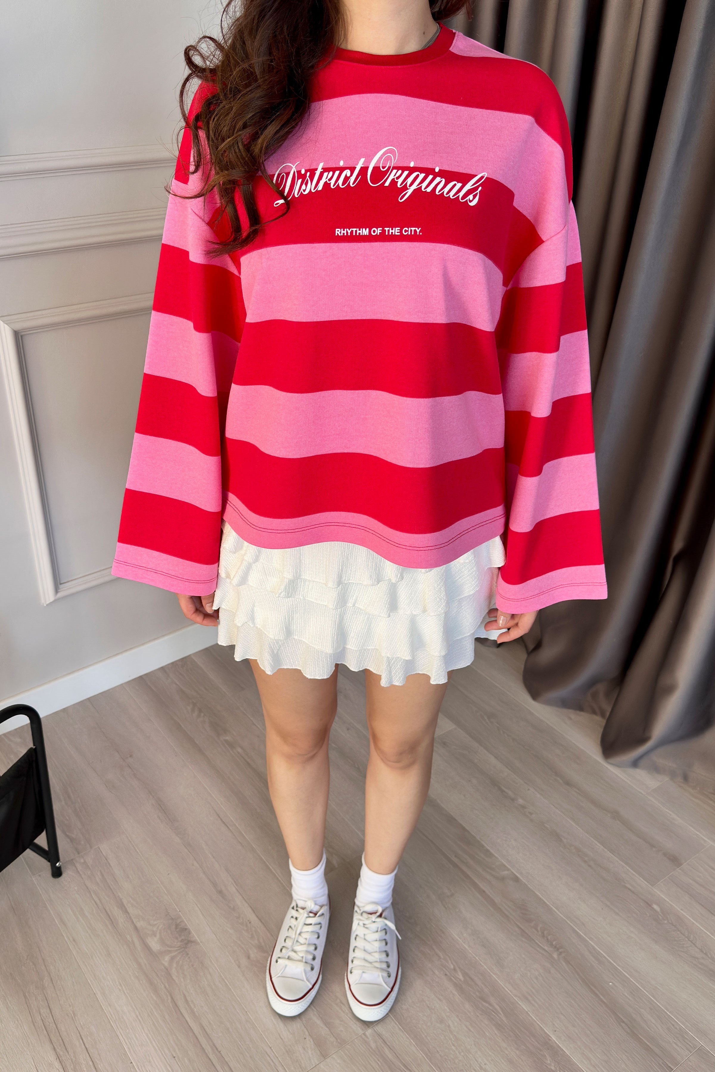 Yazı Baskılı Bisiklet Yaka Pembe Çizgili Sweatshirt