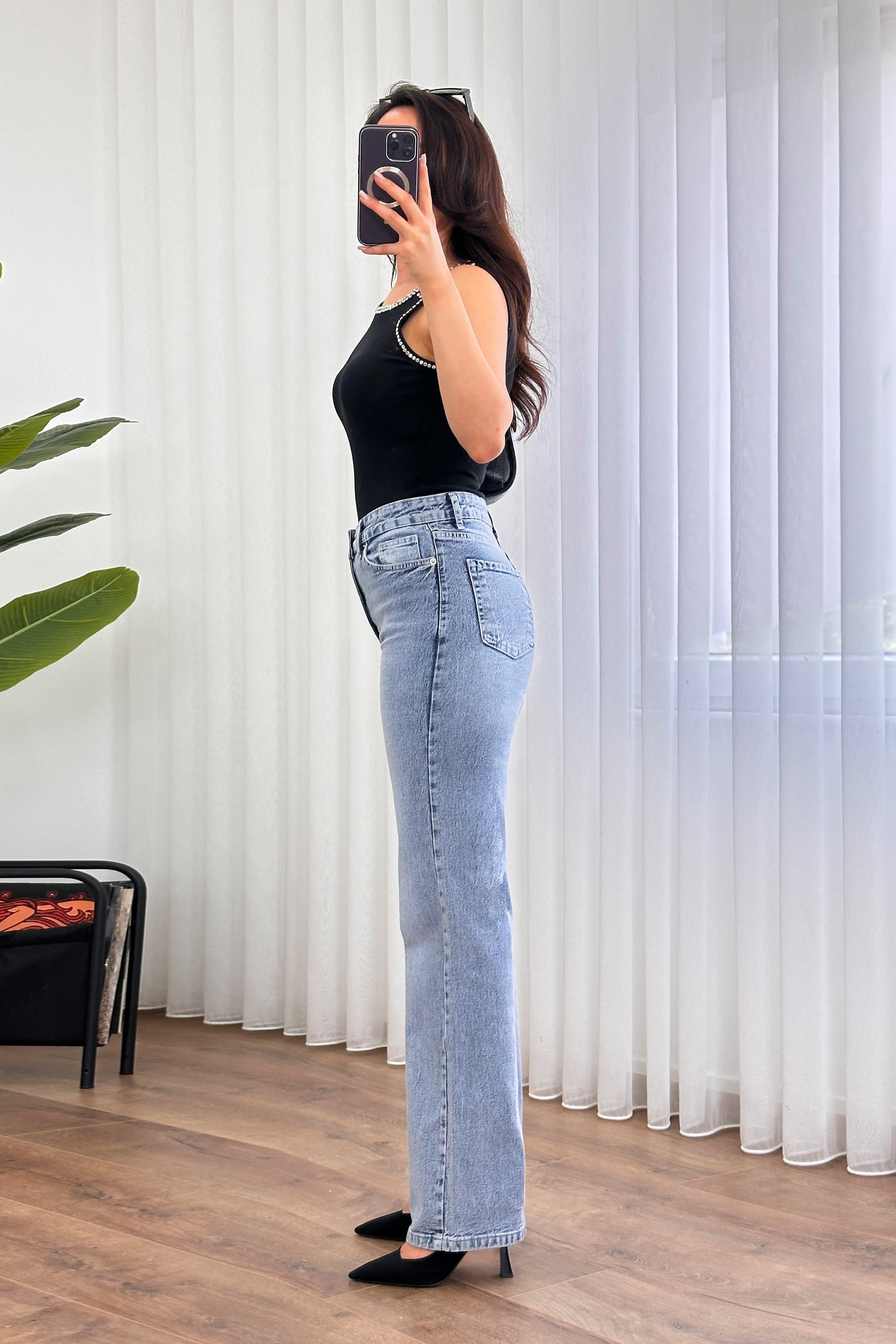 Yüksek Bel Straight Yıkamalı Kot Mavi Jean