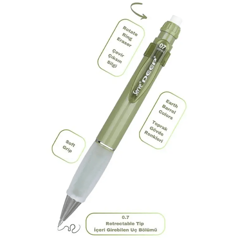 SERVEDEEP VERSATİL KALEM GRİP SİLGİ YEDEKLİ SET 07 MM GREEN İS THE NEW COOL8680869459564