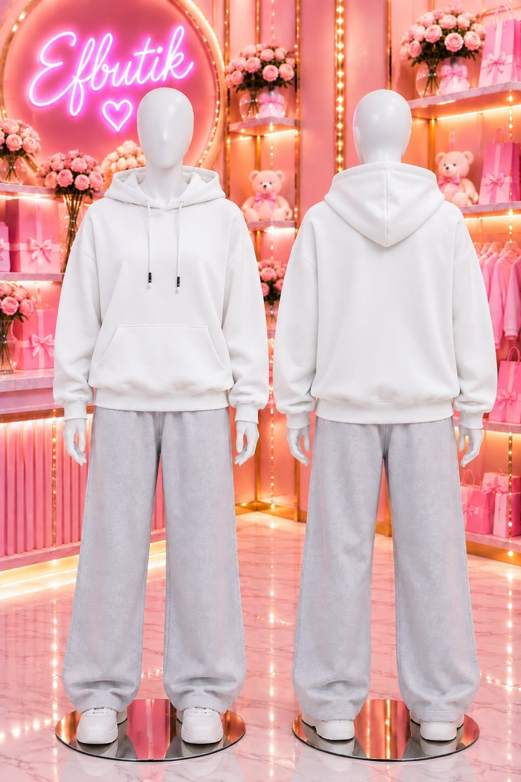 Beyaz 3 İplik Oversize Kapüşonlu Sweatshirt