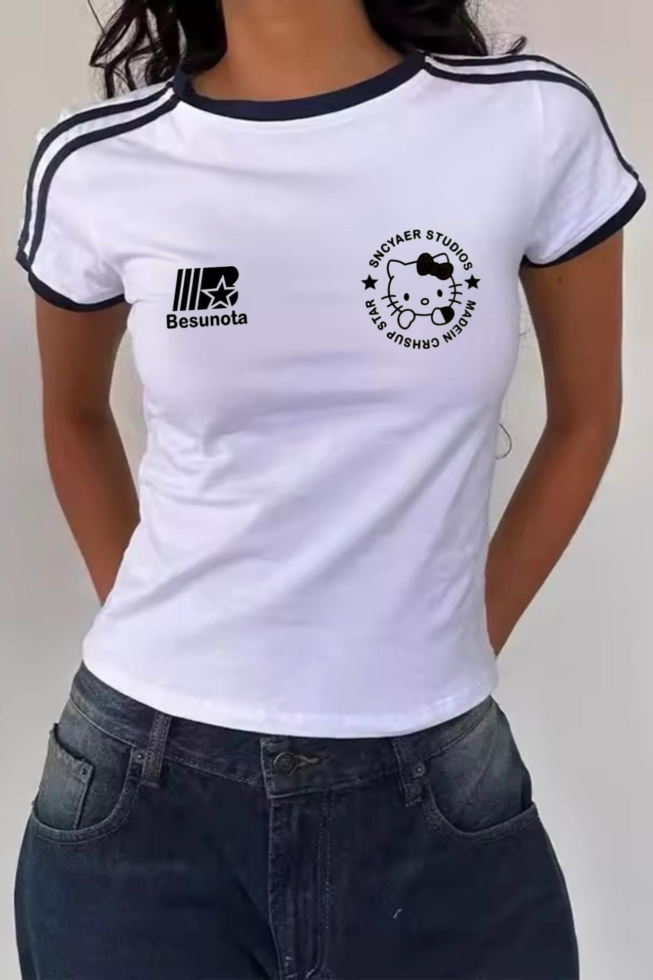 Beyaz Kol Şeritli Hello Kitty Besunota Crop