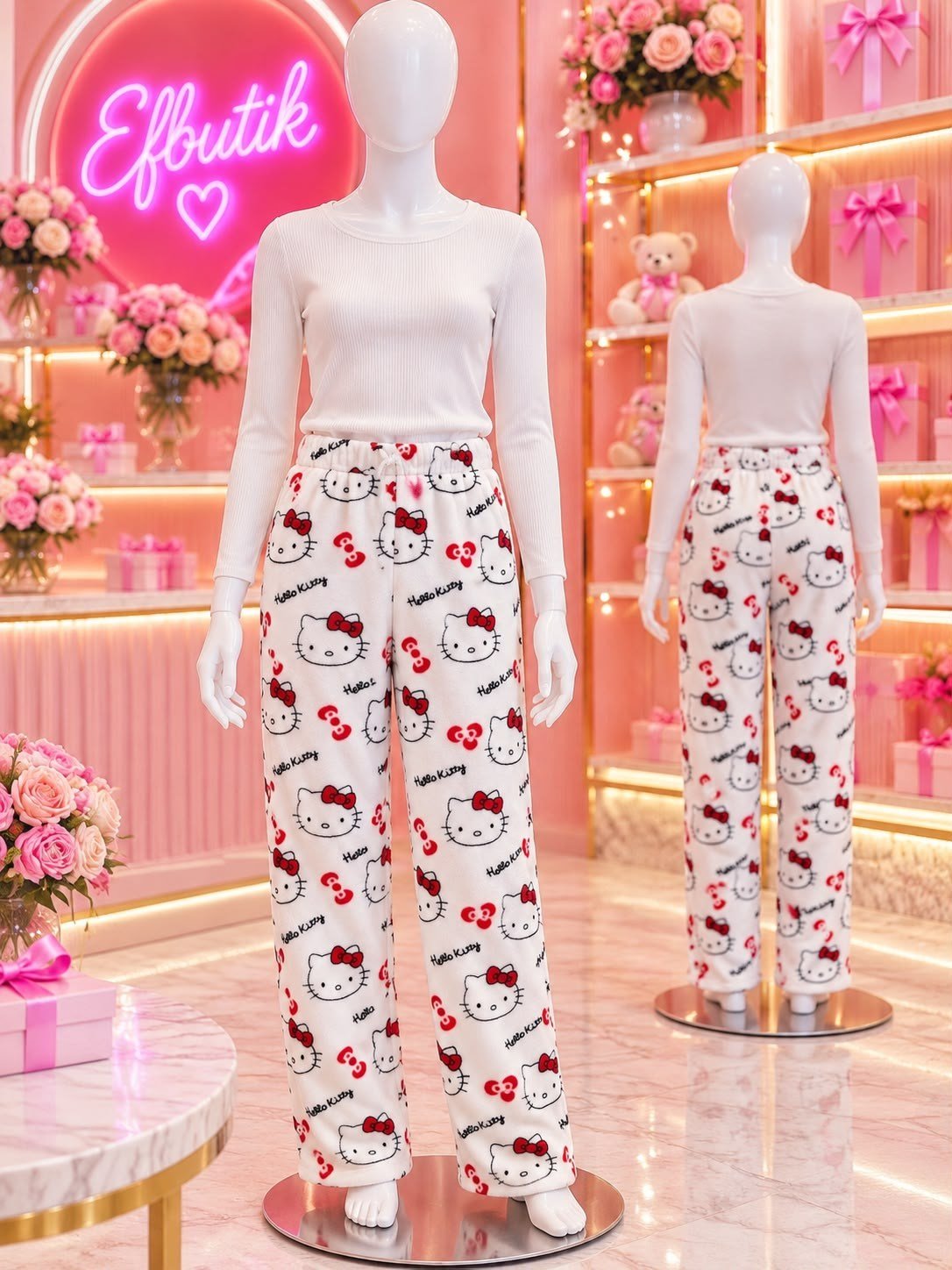 Beyaz Peluş Hello Kitty Bol Paça Eşofman Altı 