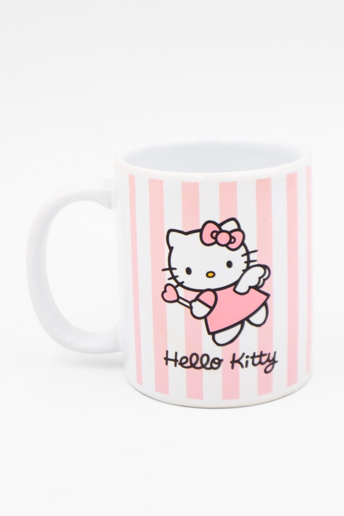 Beyaz Pembe Çizgili Hello Kitty Kupa 