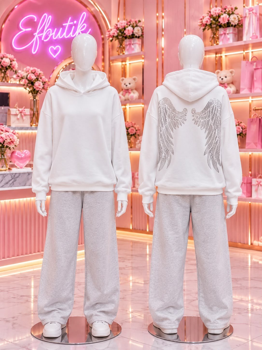 Beyaz Sırt Baskılı Taş  Kanat Kapüşonlu Sweatshirt