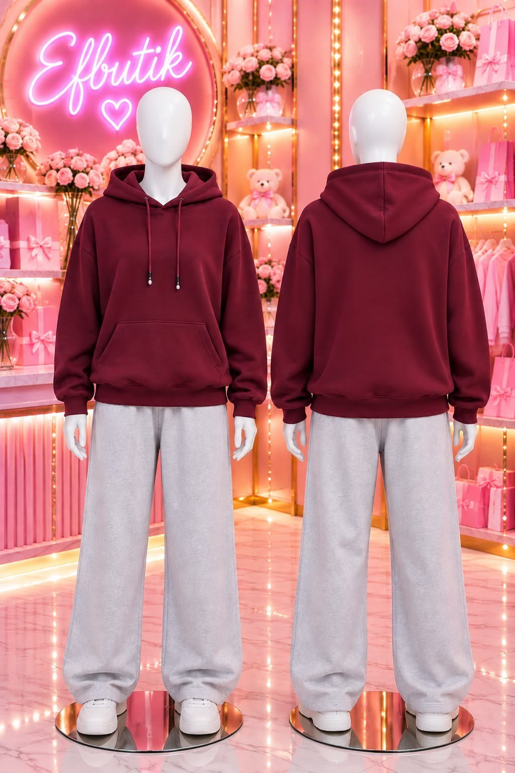 Bordo 3 İplik Oversize Kapüşonlu Sweatshirt 