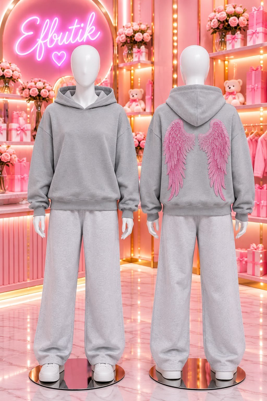 Gri Sırt Baskılı Taş Kanat Kapüşonlu Sweatshirt