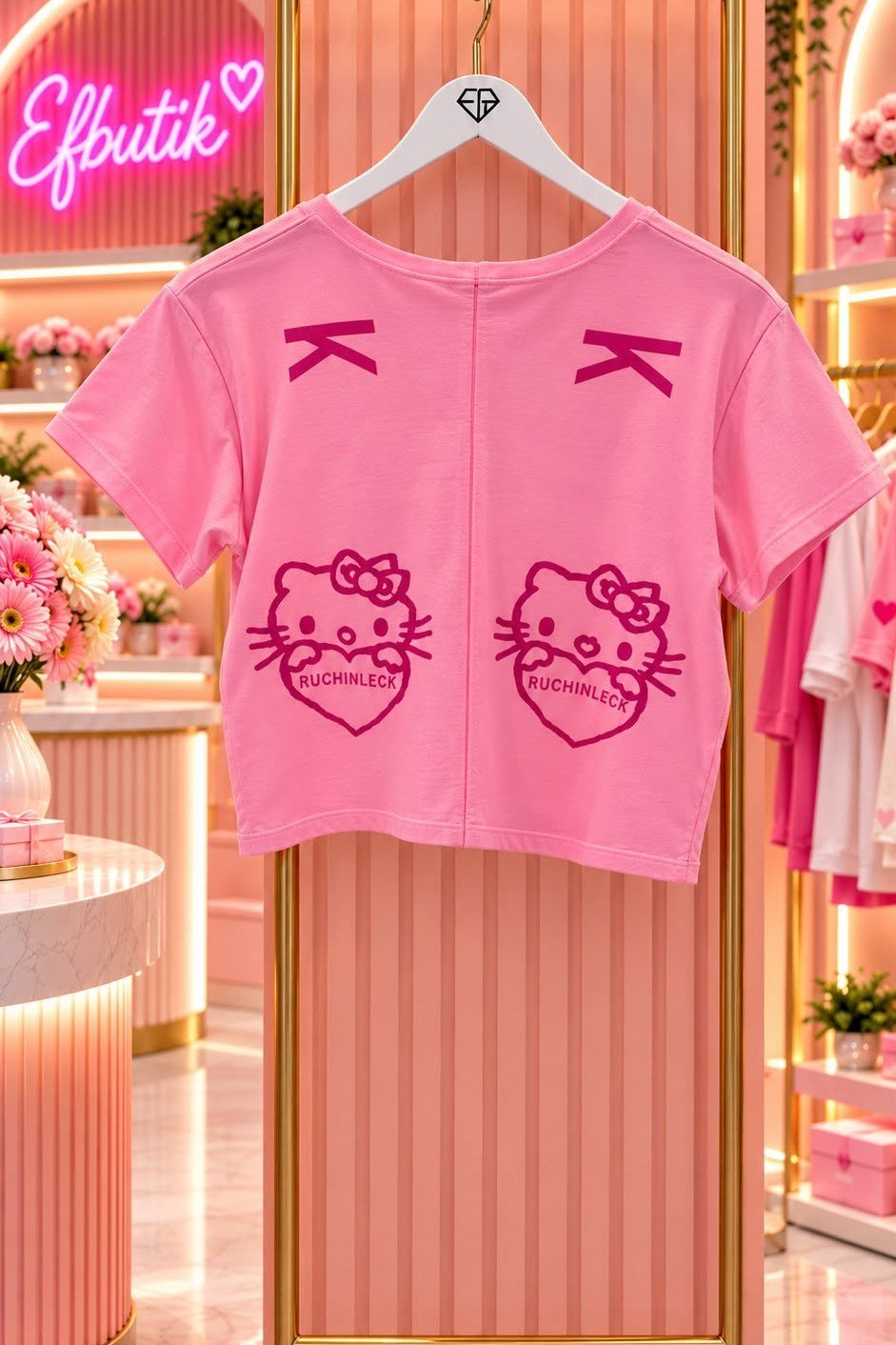 Pembe Hello Kitty Ruchinleck Grunge Y2K Kısa Kollu Crop