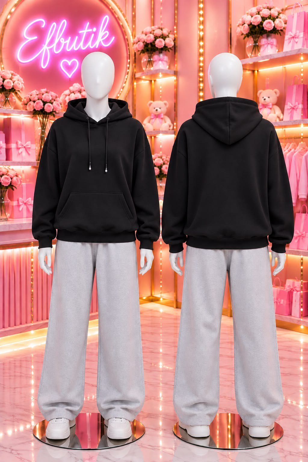 Siyah  3 İplik Oversize Kapüşonlu Sweatshirt