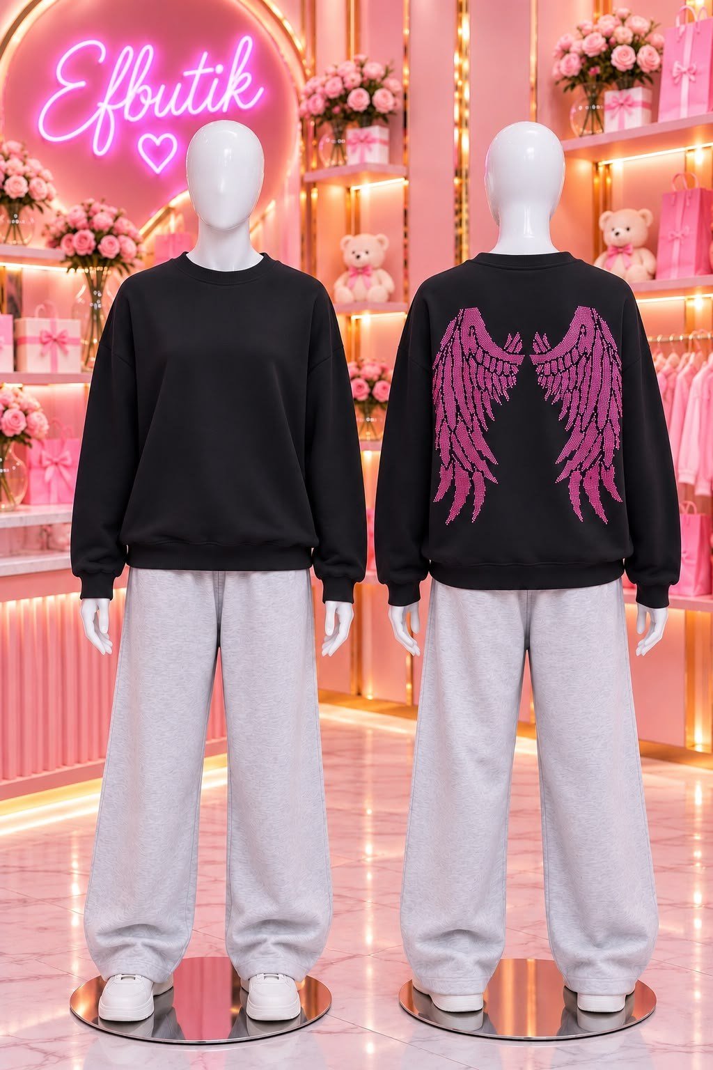 Siyah 3 iplik Şardonlu Sırt Baskılı Pembe Taş Kanat Sweatshirt