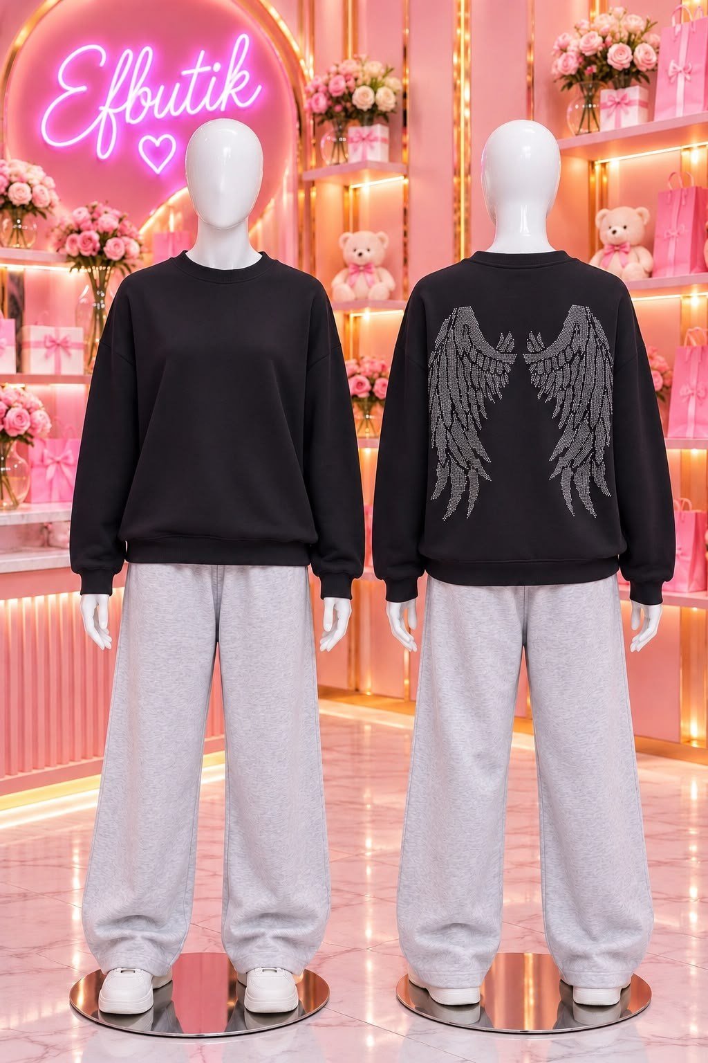 Siyah 3 iplik Şardonlu Sırt Baskılı Taş Kanat Sweatshirt