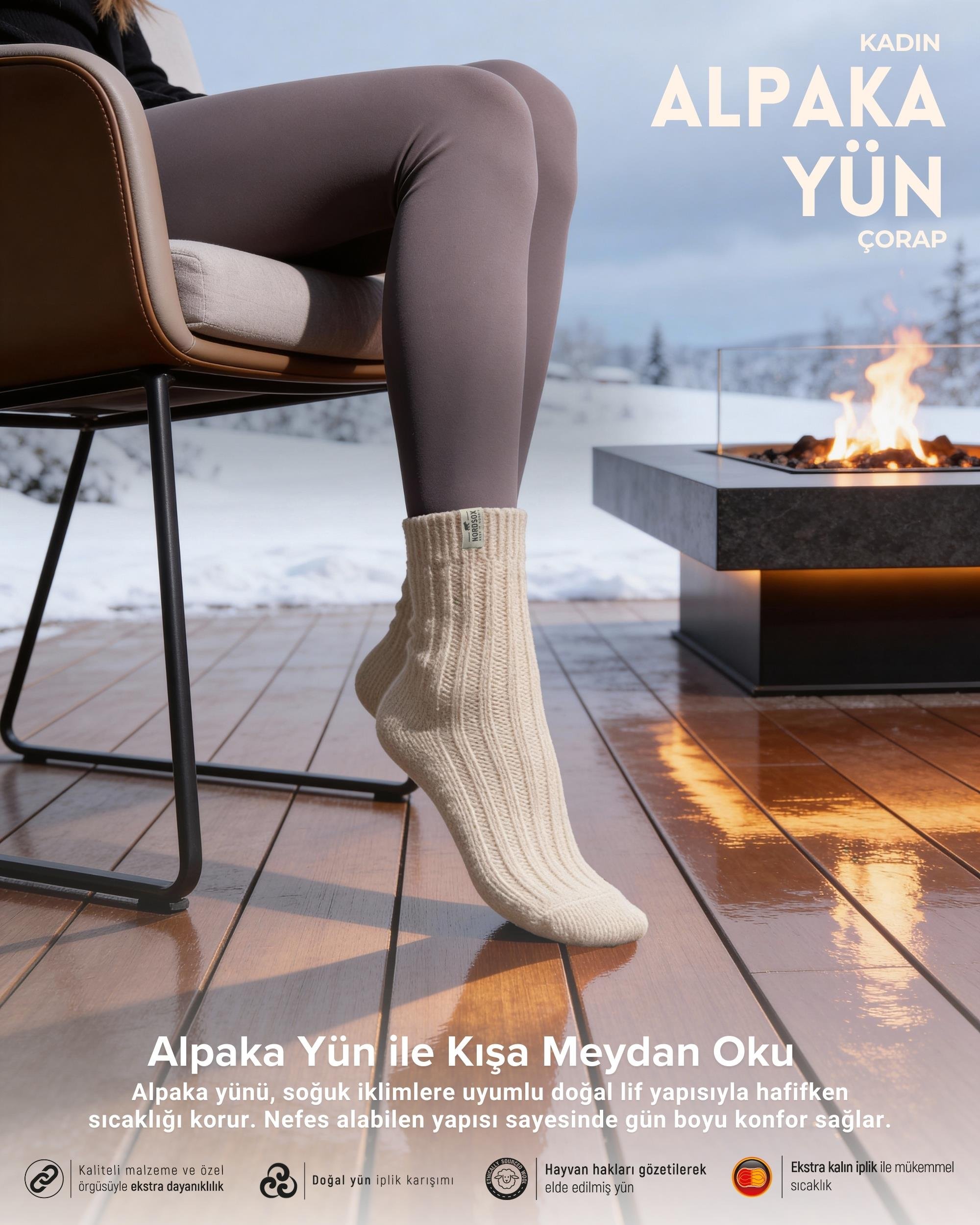 Kadın Alpaka Kışlık Yün Çorap Bej