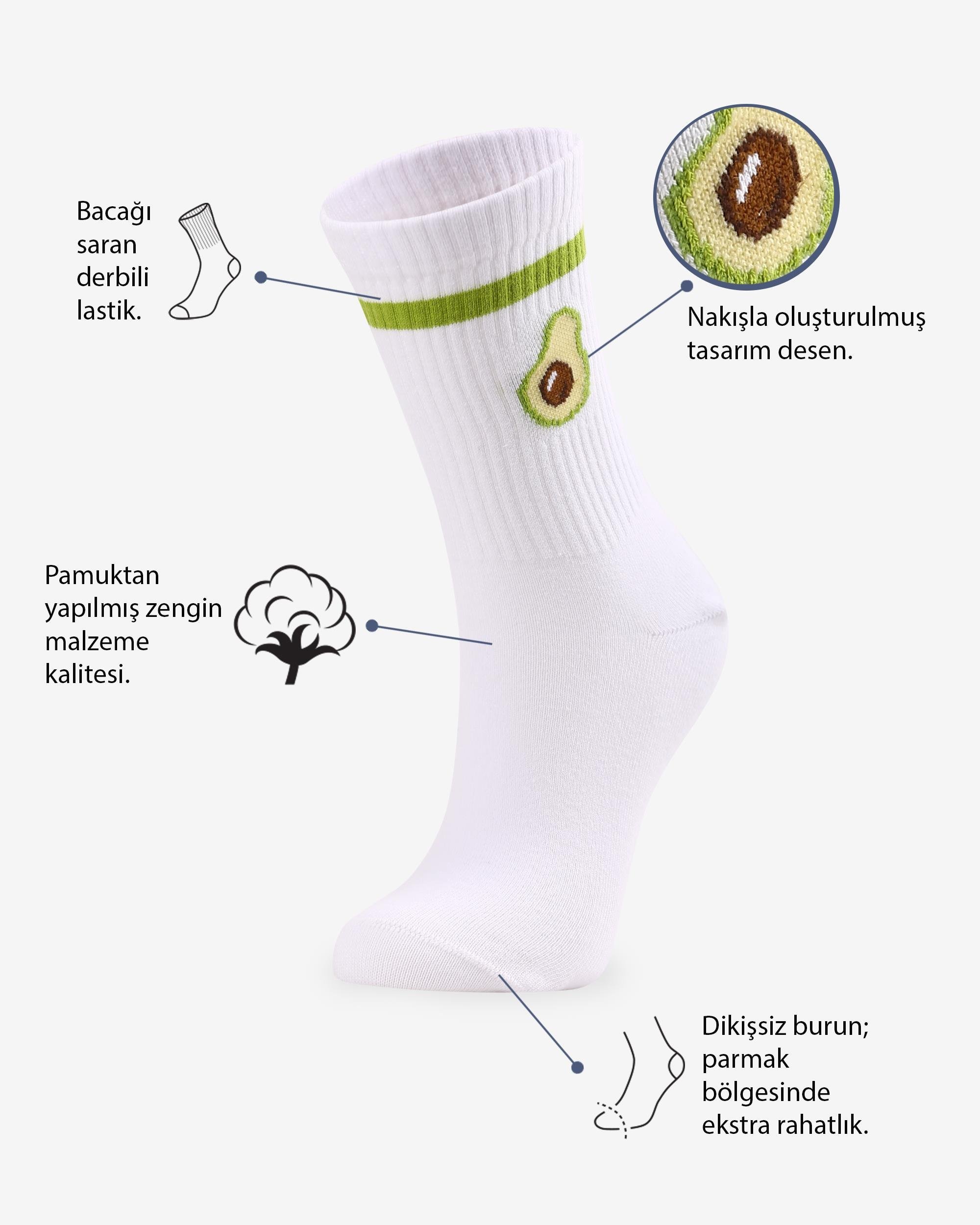 Kadın Beyaz Fitilli Avokadolu Çorap